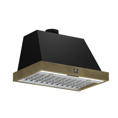 Forno Vittorio 36-Inch Wall Mount Range Hood, Black with Antique Brass Trim, 424 CFM Airflow, Dishwasher-Safe Baffle Filters, Remote Control, 3-Speed Fan, Bright LED Lighting. FORNO