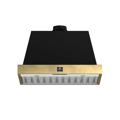 Forno Vittorio 36-Inch Wall Mount Range Hood, Black with Antique Brass Trim, 424 CFM Airflow, Dishwasher-Safe Baffle Filters, Remote Control, 3-Speed Fan, Bright LED Lighting. FORNO