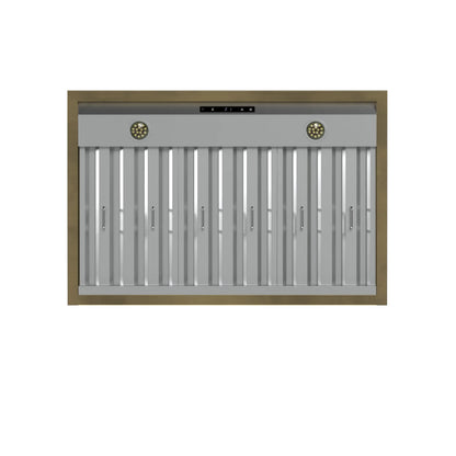 Forno Vittorio 36-Inch Wall Mount Range Hood, White with Antique Brass Trim, 424 CFM Airflow, Dishwasher-Safe Baffle Filters, Remote Control, 3-Speed Fan, Bright LED Lighting. FORNO