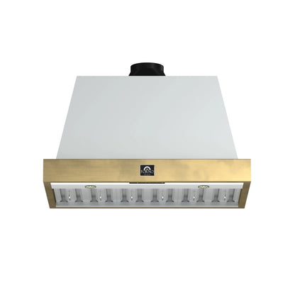 Forno Vittorio 36-Inch Wall Mount Range Hood, White with Antique Brass Trim, 424 CFM Airflow, Dishwasher-Safe Baffle Filters, Remote Control, 3-Speed Fan, Bright LED Lighting. FORNO