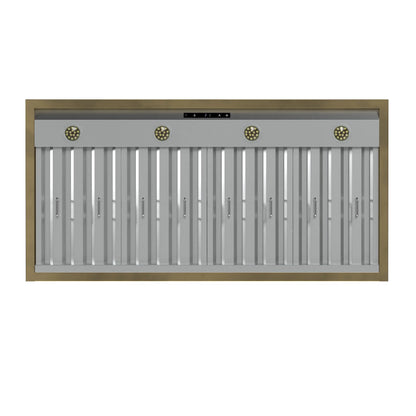 Forno Vittorio 48-Inch Wall Mount Range Hood, Black with Antique Brass Trim, 424 CFM Airflow, Dishwasher-Safe Baffle Filters, Remote Control, 3-Speed Fan, Bright LED Lighting. FORNO