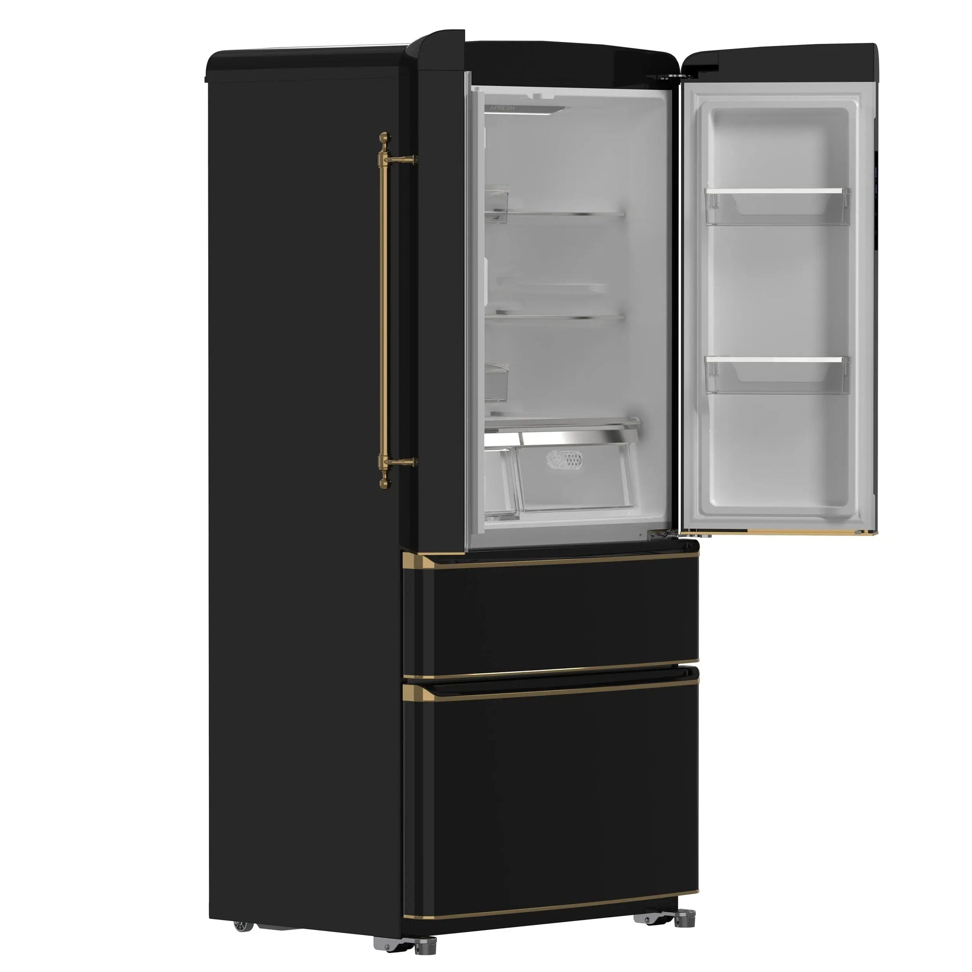 Forno Luigi 33-Inch French Door Refrigerator, 18 cu.ft, Black Finish, Antique Brass Handles, ENERGY STAR Certified FORNO