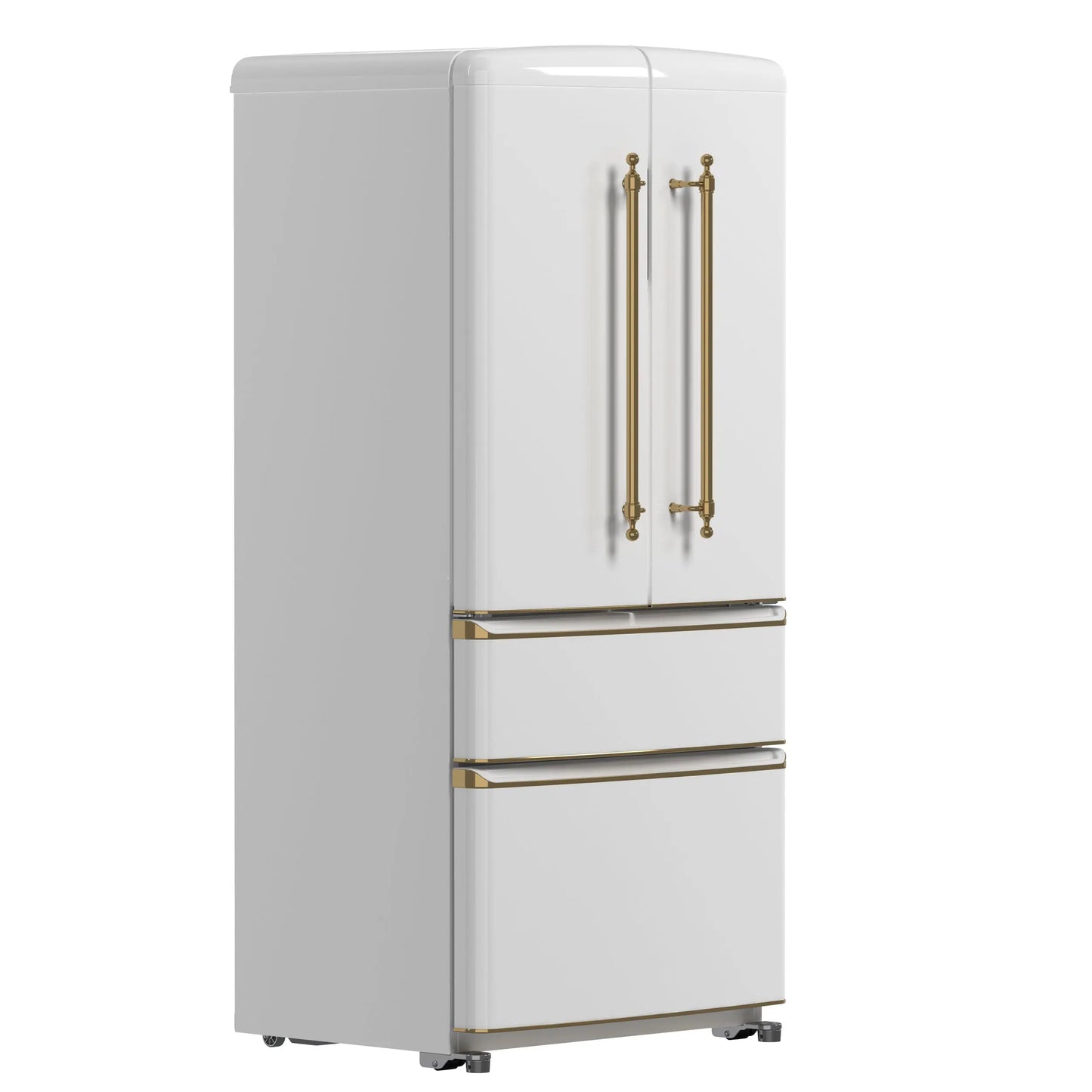 Forno Luigi 33-Inch French Door Refrigerator, 18 cu.ft, White Finish, Antique Brass Handles, ENERGY STAR Certified FORNO