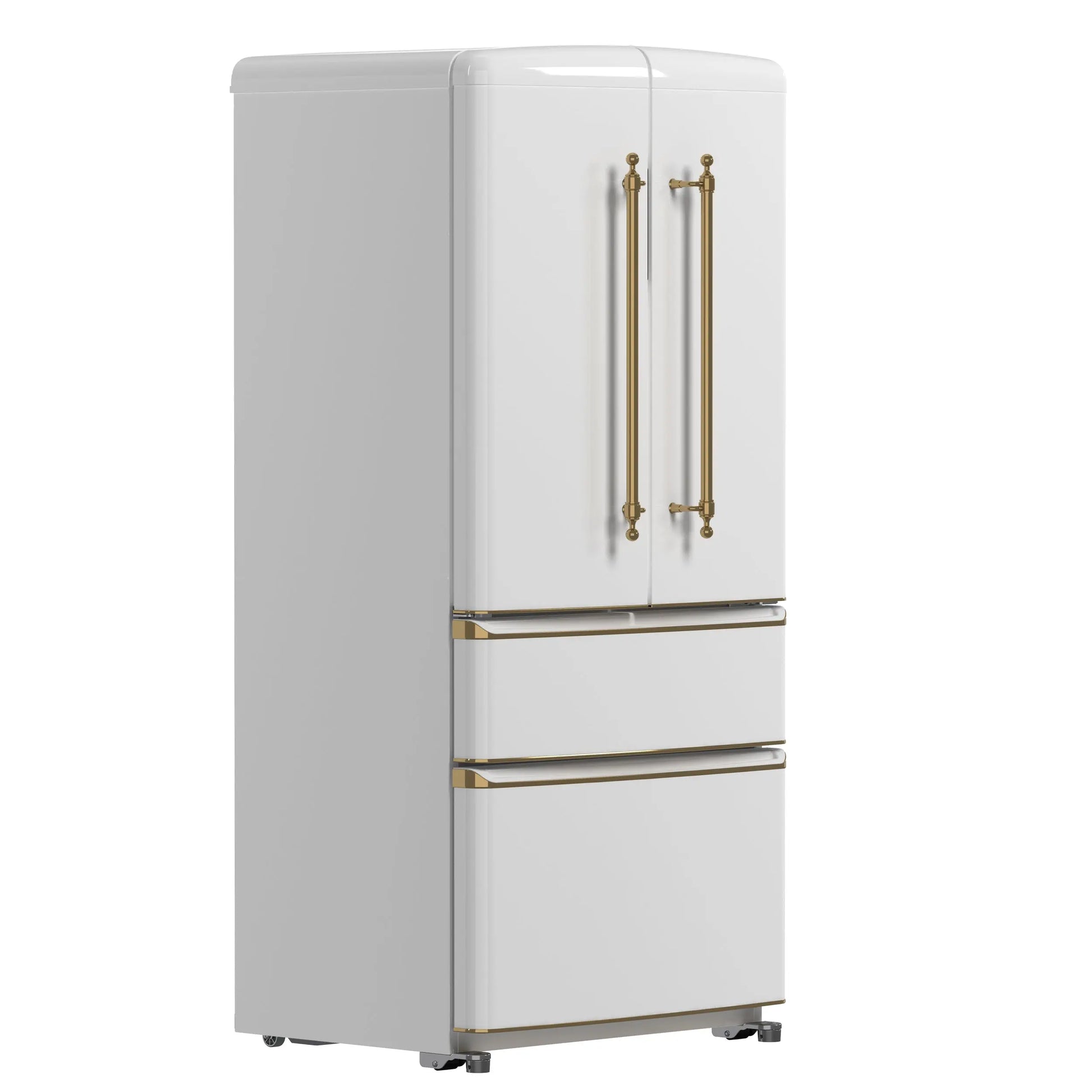 Forno Luigi 33-Inch French Door Refrigerator, 18 cu.ft, White Finish, Antique Brass Handles, ENERGY STAR Certified FORNO
