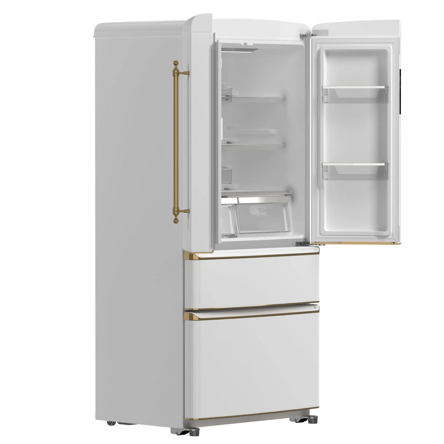 Forno Luigi 33-Inch French Door Refrigerator, 18 cu.ft, White Finish, Antique Brass Handles, ENERGY STAR Certified FORNO