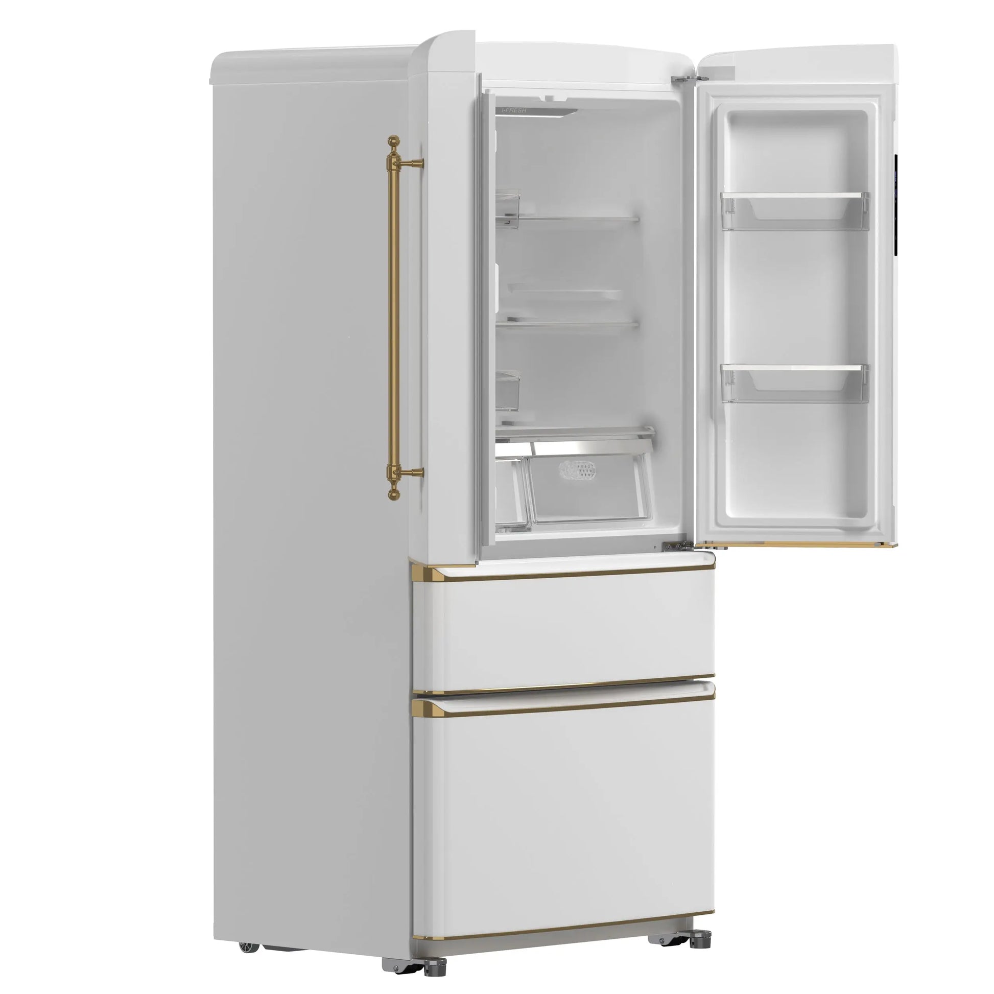 Forno Luigi 33-Inch French Door Refrigerator, 18 cu.ft, White Finish, Antique Brass Handles, ENERGY STAR Certified FORNO