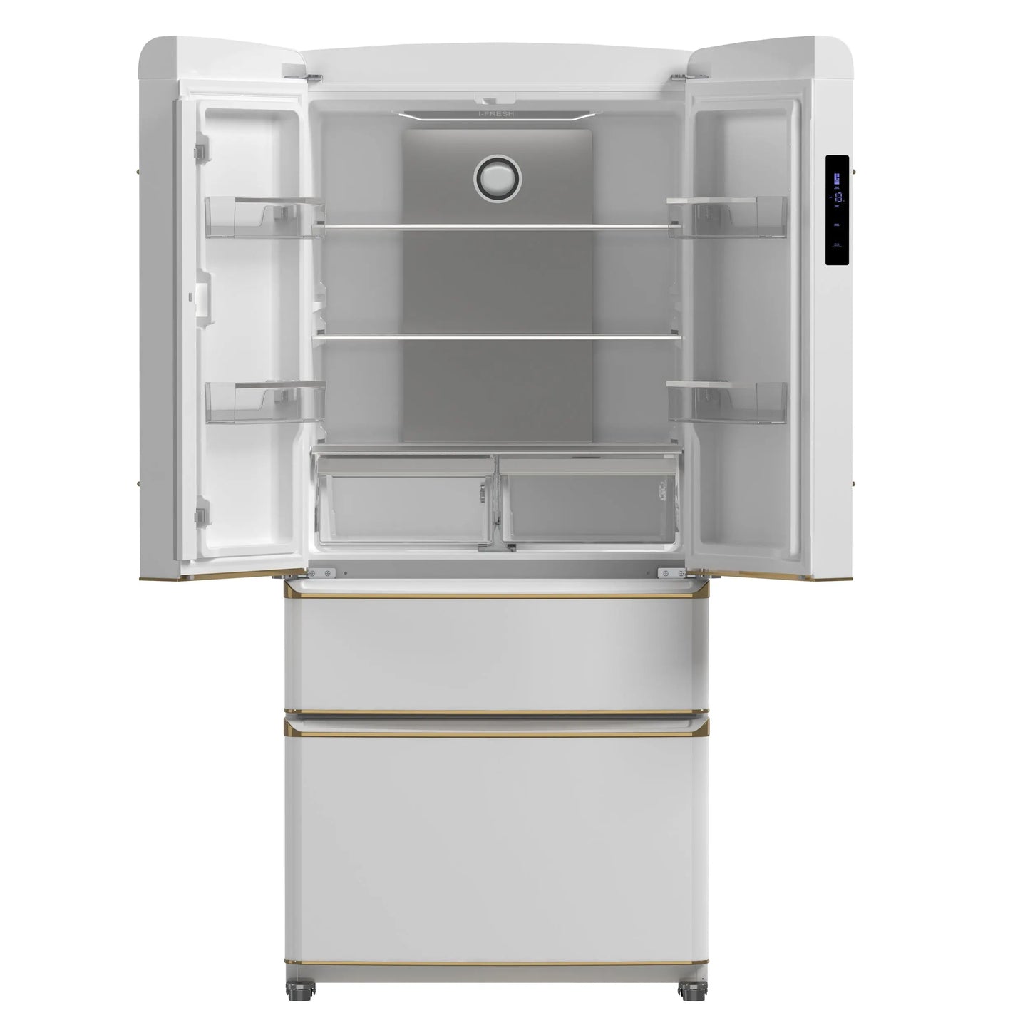 Forno Luigi 33-Inch French Door Refrigerator, 18 cu.ft, White Finish, Antique Brass Handles, ENERGY STAR Certified FORNO