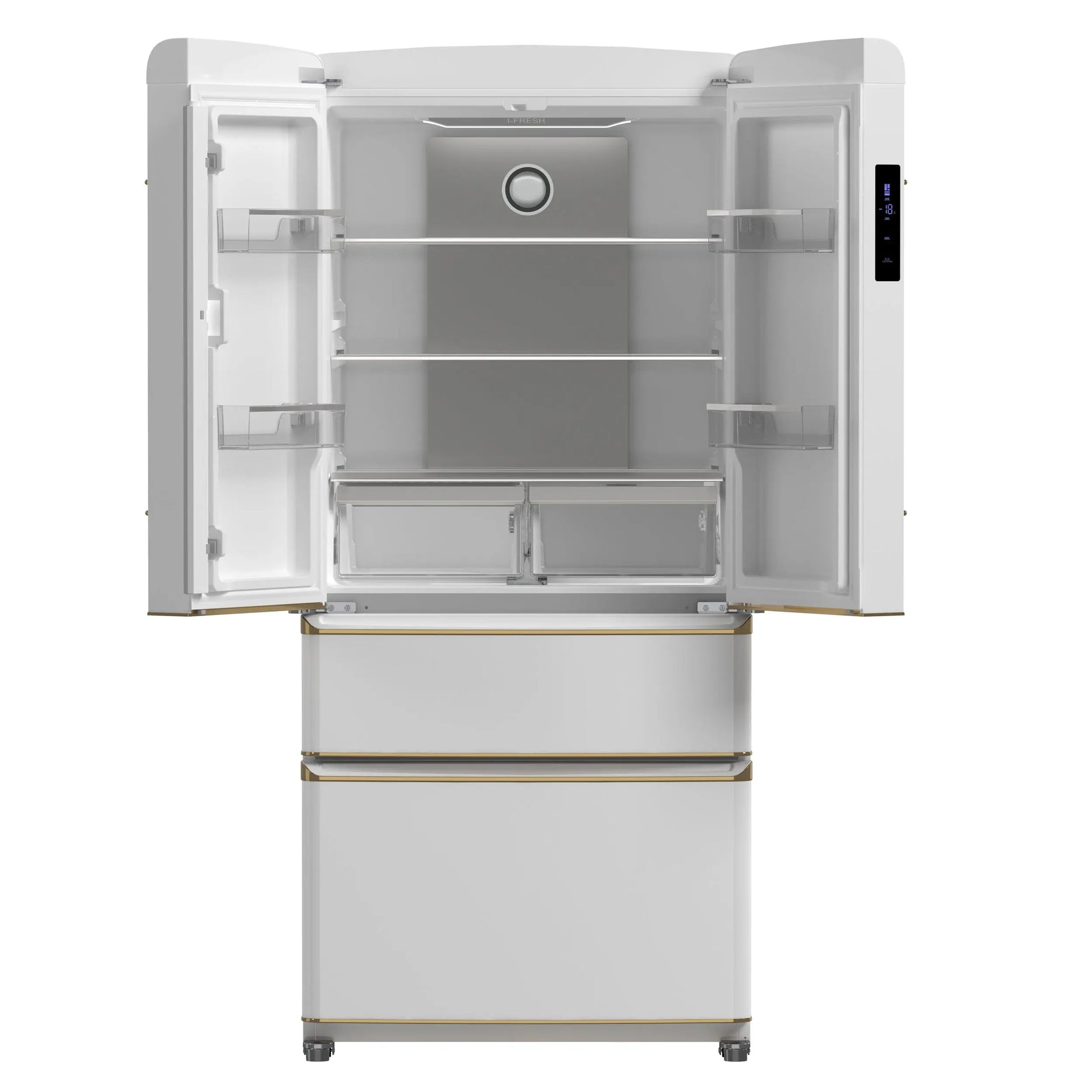 Forno Luigi 33-Inch French Door Refrigerator, 18 cu.ft, White Finish, Antique Brass Handles, ENERGY STAR Certified FORNO