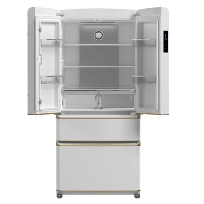 Forno Luigi 33-Inch French Door Refrigerator, 18 cu.ft, White Finish, Antique Brass Handles, ENERGY STAR Certified FORNO