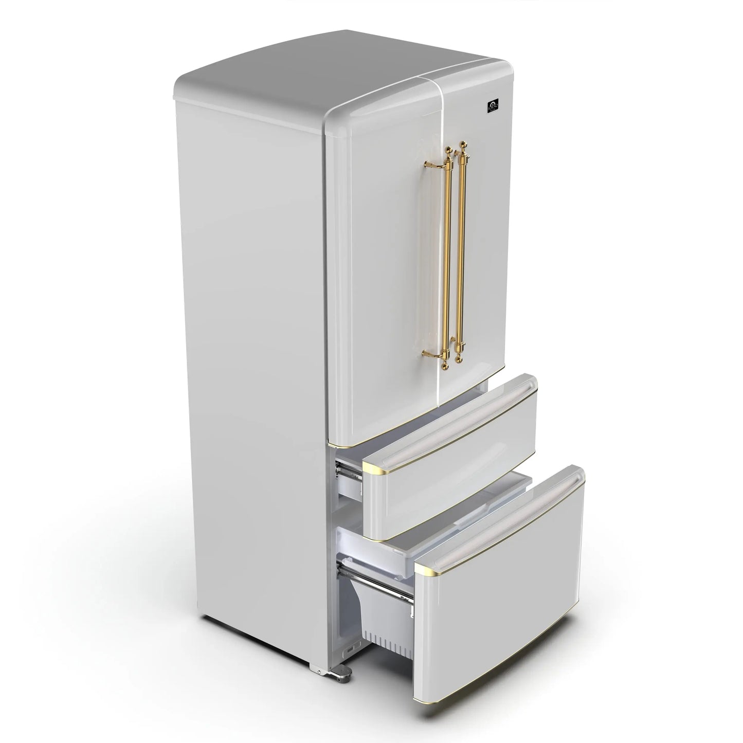 Forno Luigi 33-Inch French Door Refrigerator, 18 cu.ft, White Finish, Antique Brass Handles, ENERGY STAR Certified FORNO