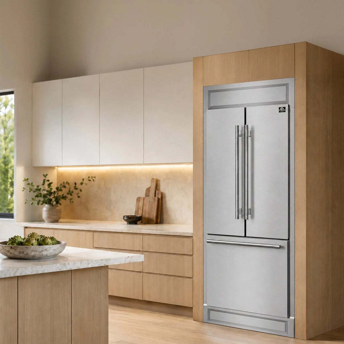 Forno Gallipoli 30-Inch French Door Refrigerator, 17.5 cu.ft Capacity, Modern Decorative Grill, 34-Inch Width, Stainless Steel FORNO