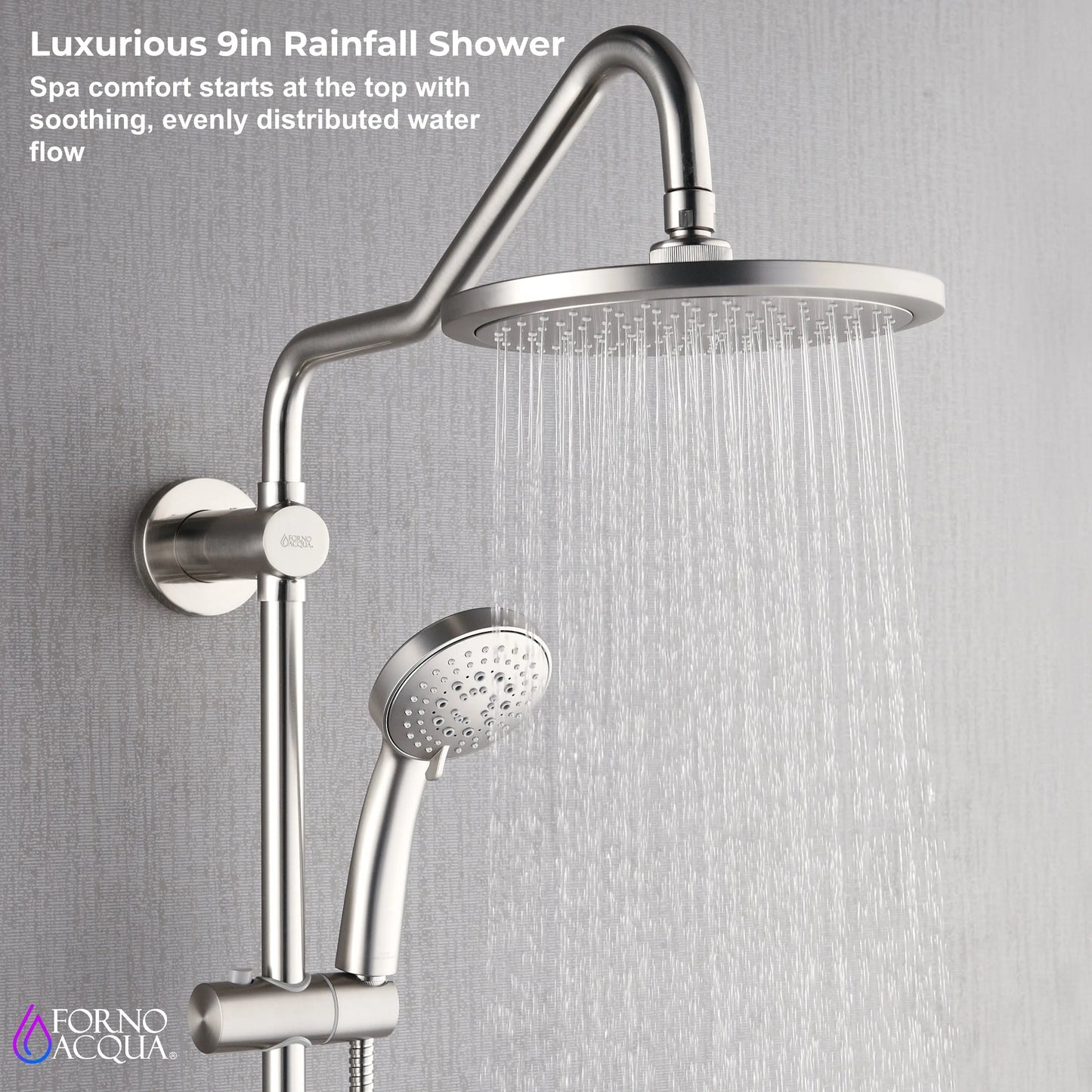 Forno Acqua AcquaSPA Retrofit Shower, Overhead Rainfall Shower, Handheld Shower Head, Body Jets, 6 Way Diverter, Brushed Nickel Finish, FORNO ACQUA