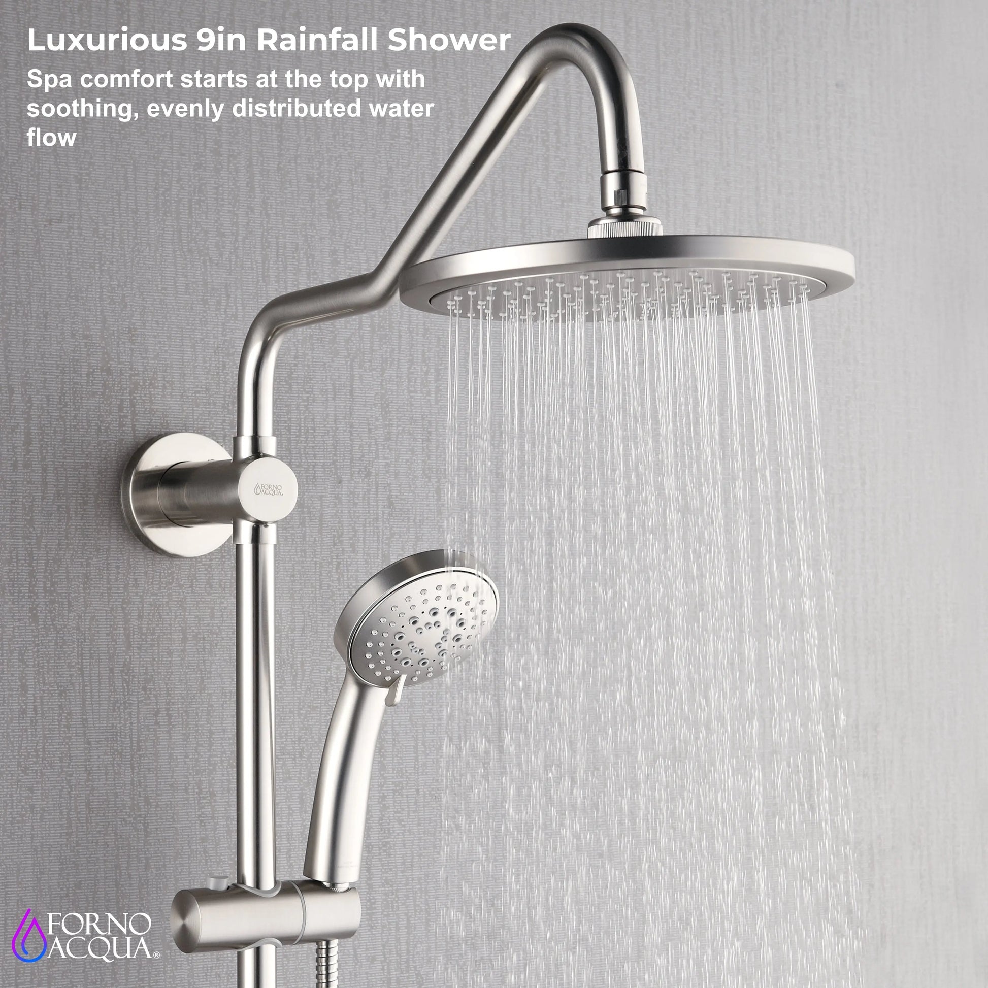 Forno Acqua AcquaSPA Retrofit Shower, Overhead Rainfall Shower, Handheld Shower Head, Body Jets, 6 Way Diverter, Brushed Nickel Finish, FORNO ACQUA