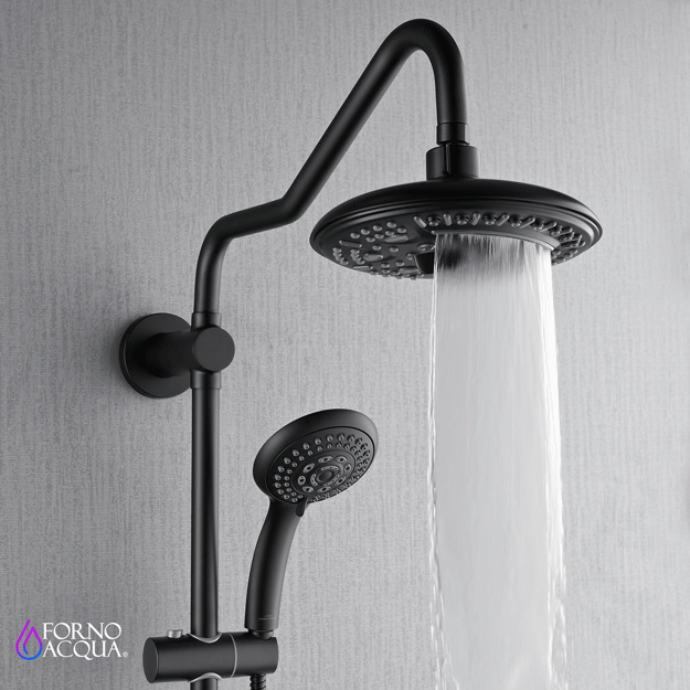 Forno Acqua AcquaSPA Retrofit Shower, Overhead Rainfall, 8 Inch Shower Head, Handheld Shower Head, Body Jets, 6 Way Diverter, Matte Black Finish, 2.5 GPM Flow Rate FORNO