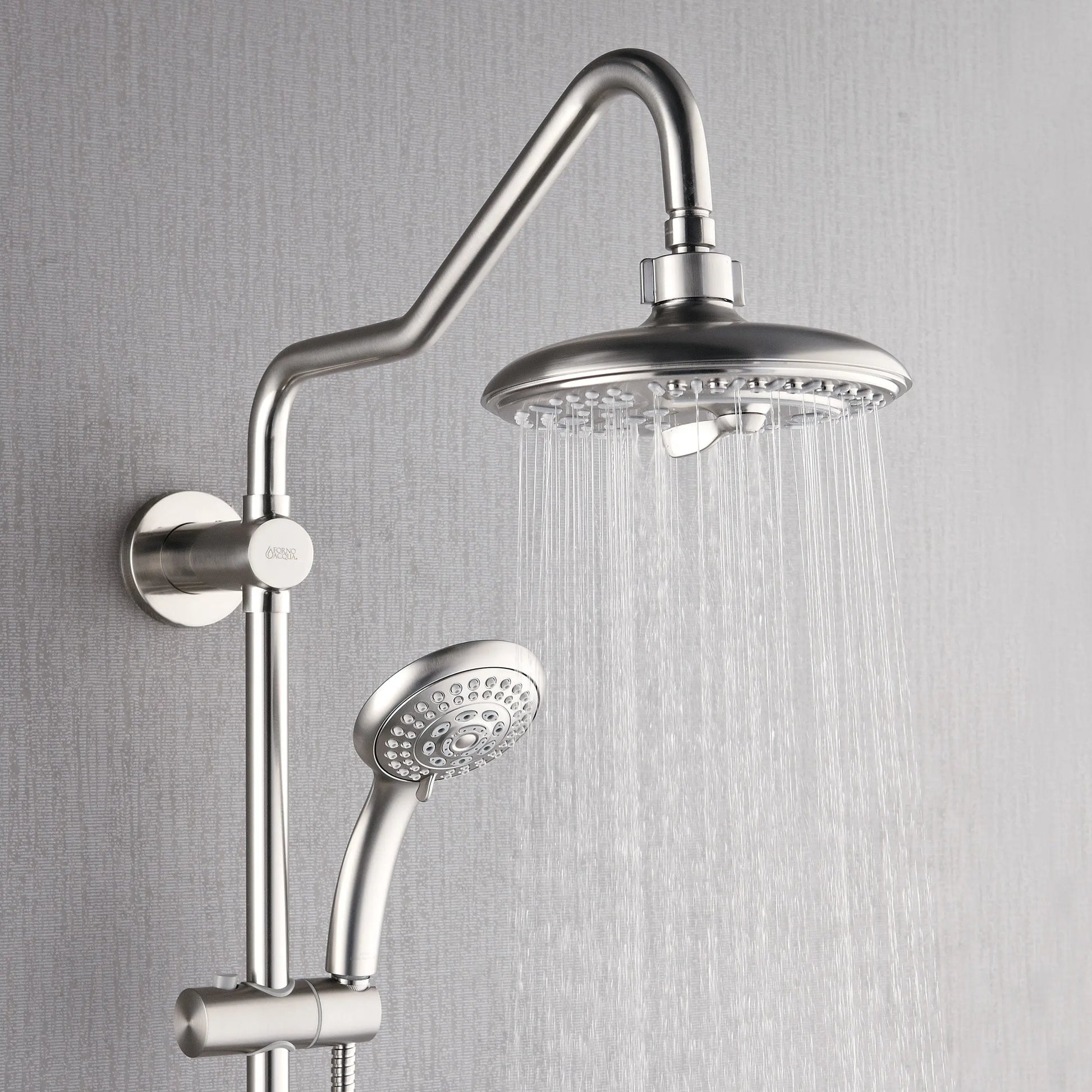 Forno Acqua AcquaSPA Retrofit Shower, Overhead Rainfall, 8 Inch Shower Head, Handheld Shower Head, Body Jets, 6 Way Diverter, Brushed Nickel Finish, FORNO ACQUA