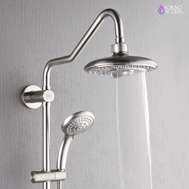 Forno Acqua AcquaSPA Retrofit Shower, Overhead Rainfall, 8 Inch Shower Head, Handheld Shower Head, Body Jets, 6 Way Diverter, Brushed Nickel Finish, 1.8 GPM Flow Rate FORNO