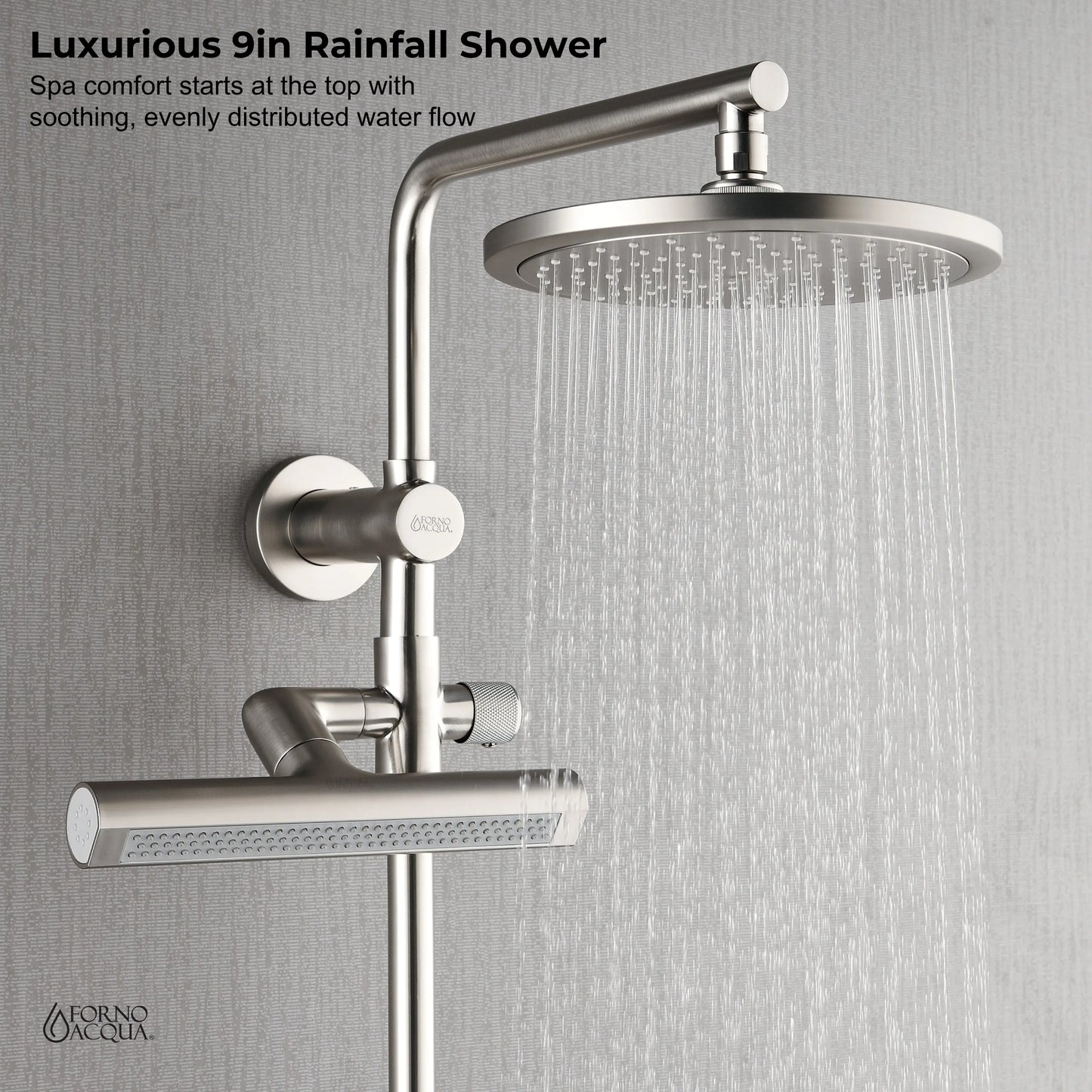 Forno Acqua AcquaFALL Shower, Brushed Nickel Finish, Overhead Rainfall Shower, Handheld Shower Head, Body Jets, 2.5 GPM Flow Rate FORNO ACQUA