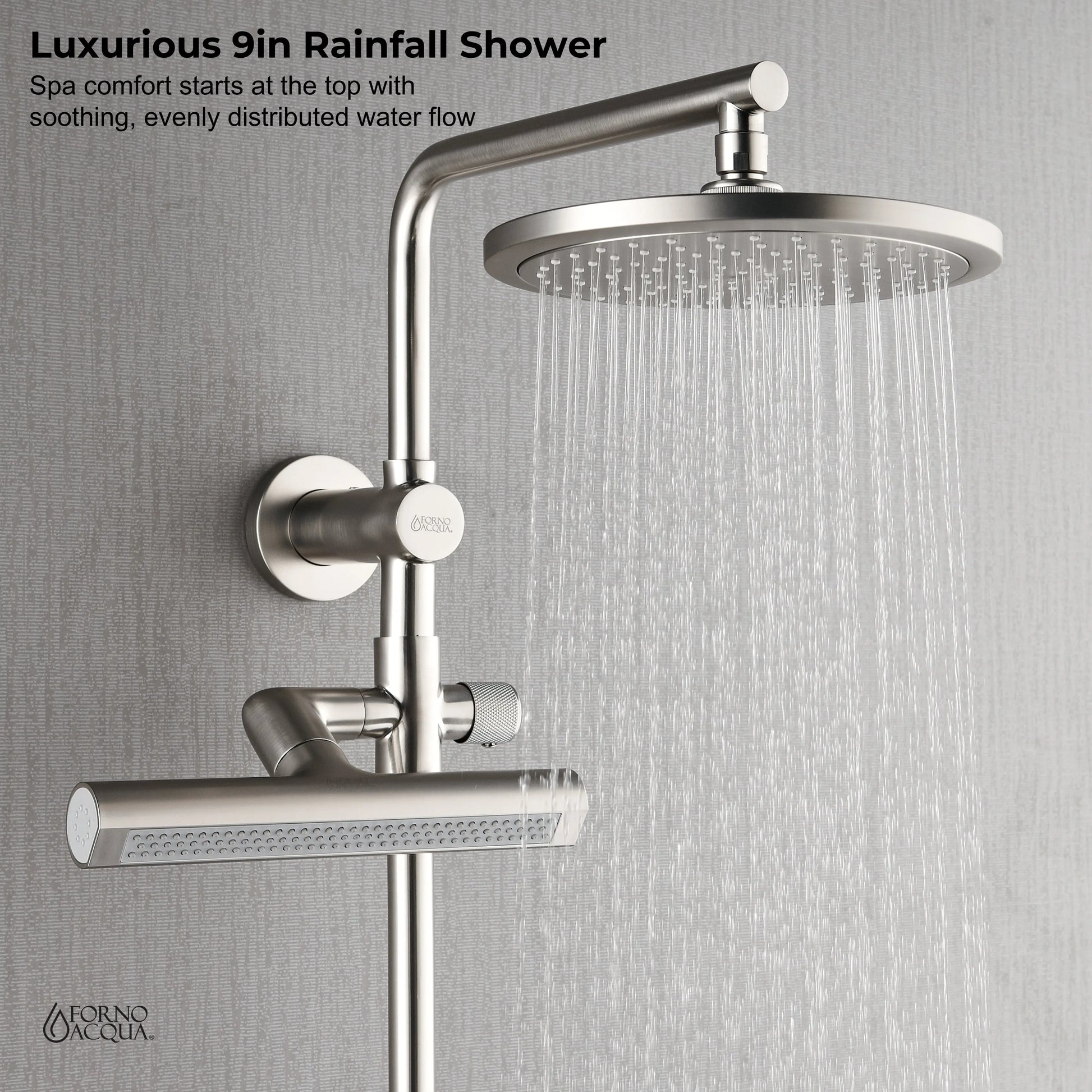Forno Acqua AcquaFALL Shower, Brushed Nickel Finish, Overhead Rainfall Shower, Handheld Shower Head, Body Jets, 2.5 GPM Flow Rate FORNO ACQUA