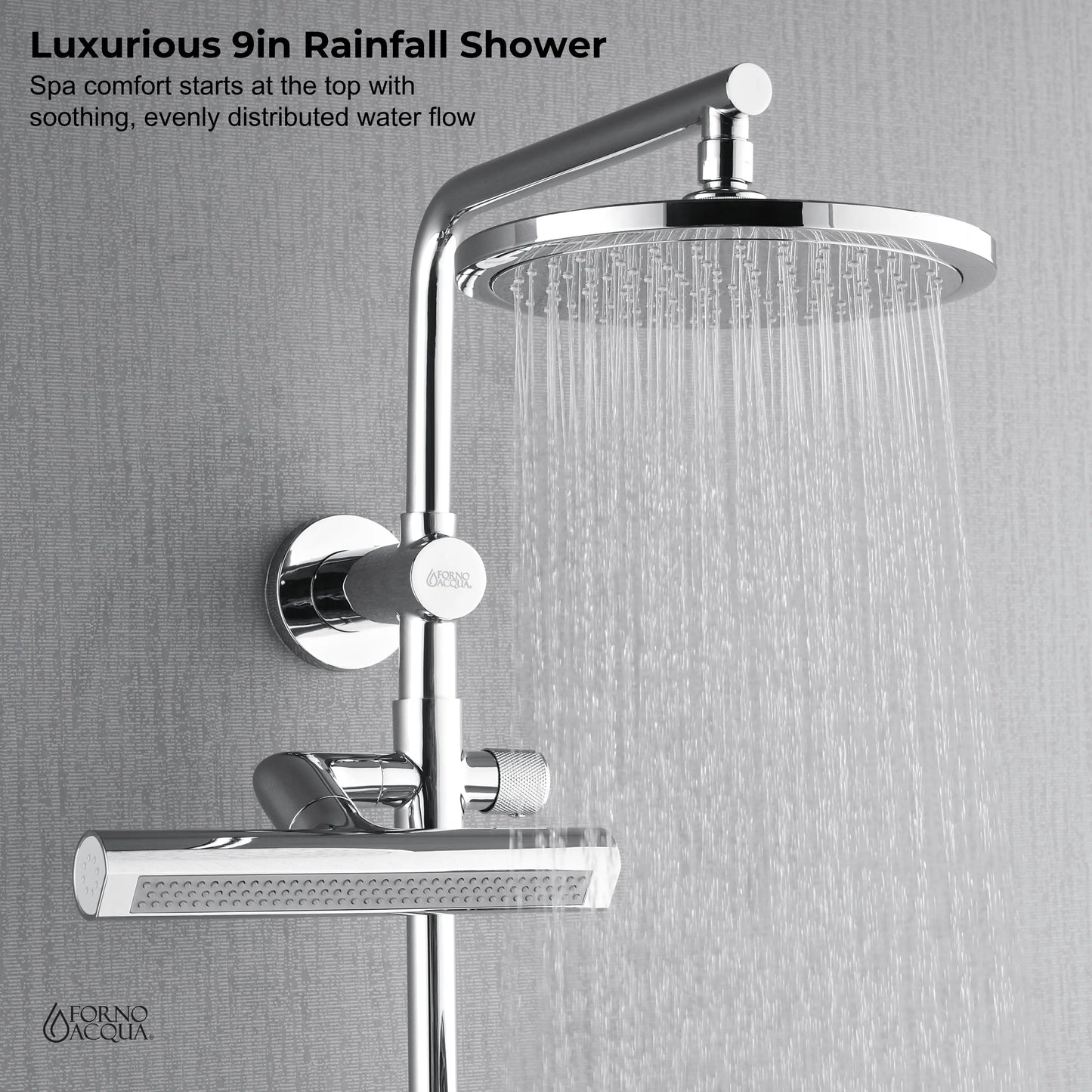 Forno Acqua AcquaFALL Shower, Polished Stainless Steel Finish, Overhead Rainfall Shower, Handheld Shower Head, Body Jets, 2.5 GPM Flow Rate FORNO