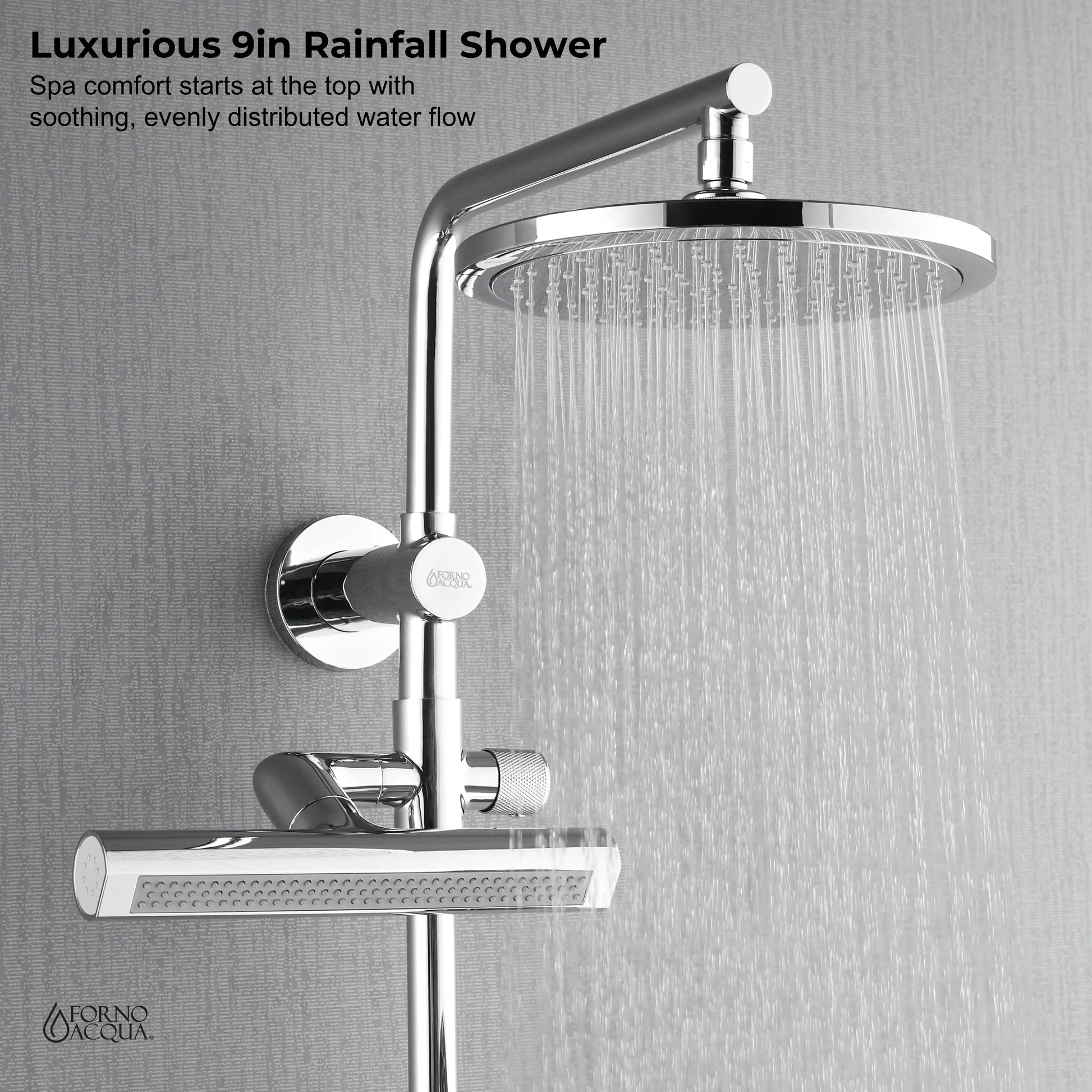 Forno Acqua AcquaFALL Shower, Polished Stainless Steel Finish, Overhead Rainfall Shower, Handheld Shower Head, Body Jets, 2.5 GPM Flow Rate FORNO