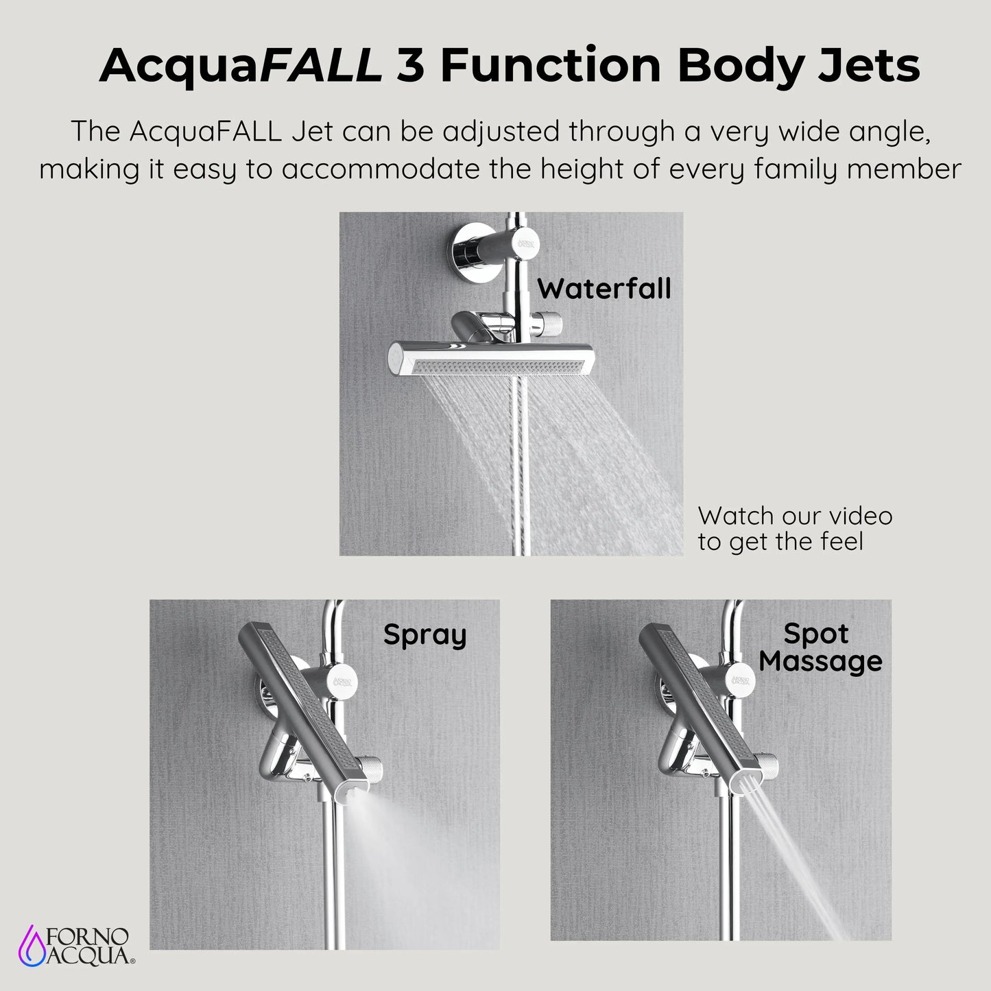 Forno Acqua AcquaFALL Shower, Polished Stainless Steel Finish, Overhead Rainfall Shower, 7 Way Diverter, Handheld Shower Head, Body Jets, FORNO ACQUA