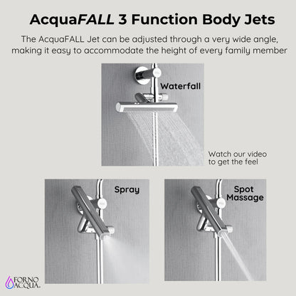 Forno Acqua AcquaFALL Shower, Polished Stainless Steel Finish, Overhead Rainfall Shower, 7 Way Diverter, Handheld Shower Head, Body Jets, FORNO ACQUA