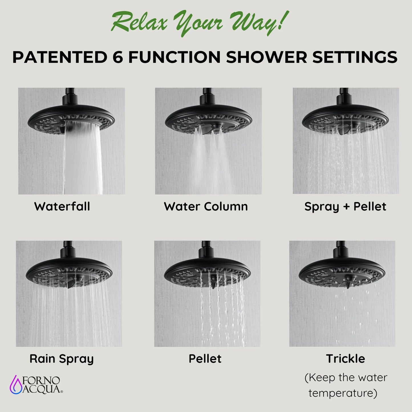 Forno Acqua AcquaFALL Shower, Matte Black Finish, Overhead Rainfall Shower, 7 Way Diverter, Handheld Shower Head, Body Jets, 1.8 GPM Flow Rate FORNO ACQUA