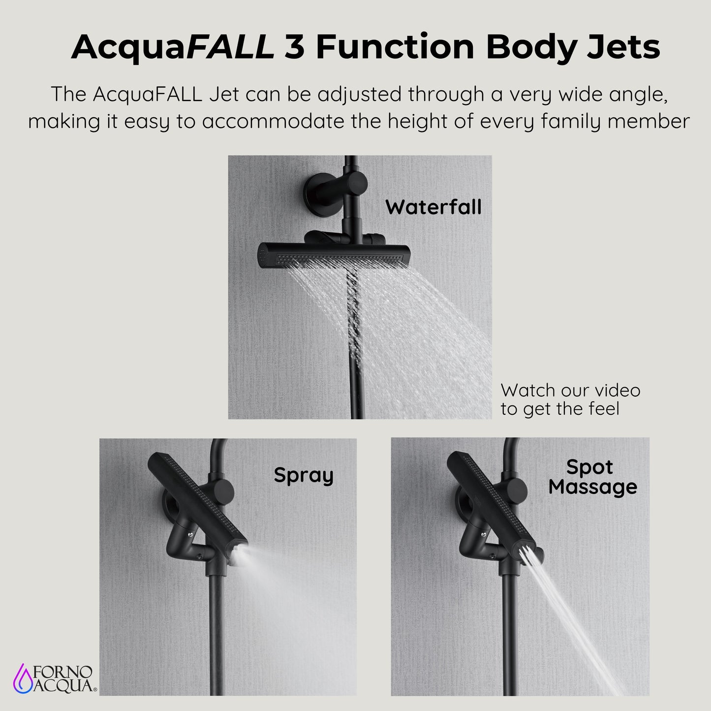 Forno Acqua AcquaFALL Shower, Matte Black Finish, Overhead Rainfall Shower, 7 Way Diverter, Handheld Shower Head, Body Jets, 1.8 GPM Flow Rate FORNO ACQUA