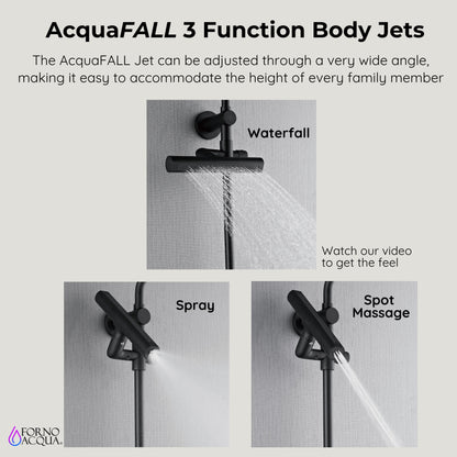Forno Acqua AcquaFALL Shower, Matte Black Finish, Overhead Rainfall Shower, 7 Way Diverter, Handheld Shower Head, Body Jets, 1.8 GPM Flow Rate FORNO ACQUA