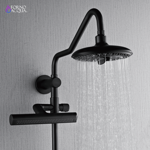 Forno Acqua AcquaFALL Shower, Matte Black Finish, Overhead Rainfall Shower, 7 Way Diverter, Handheld Shower Head, Body Jets, 1.8 GPM Flow Rate FORNO