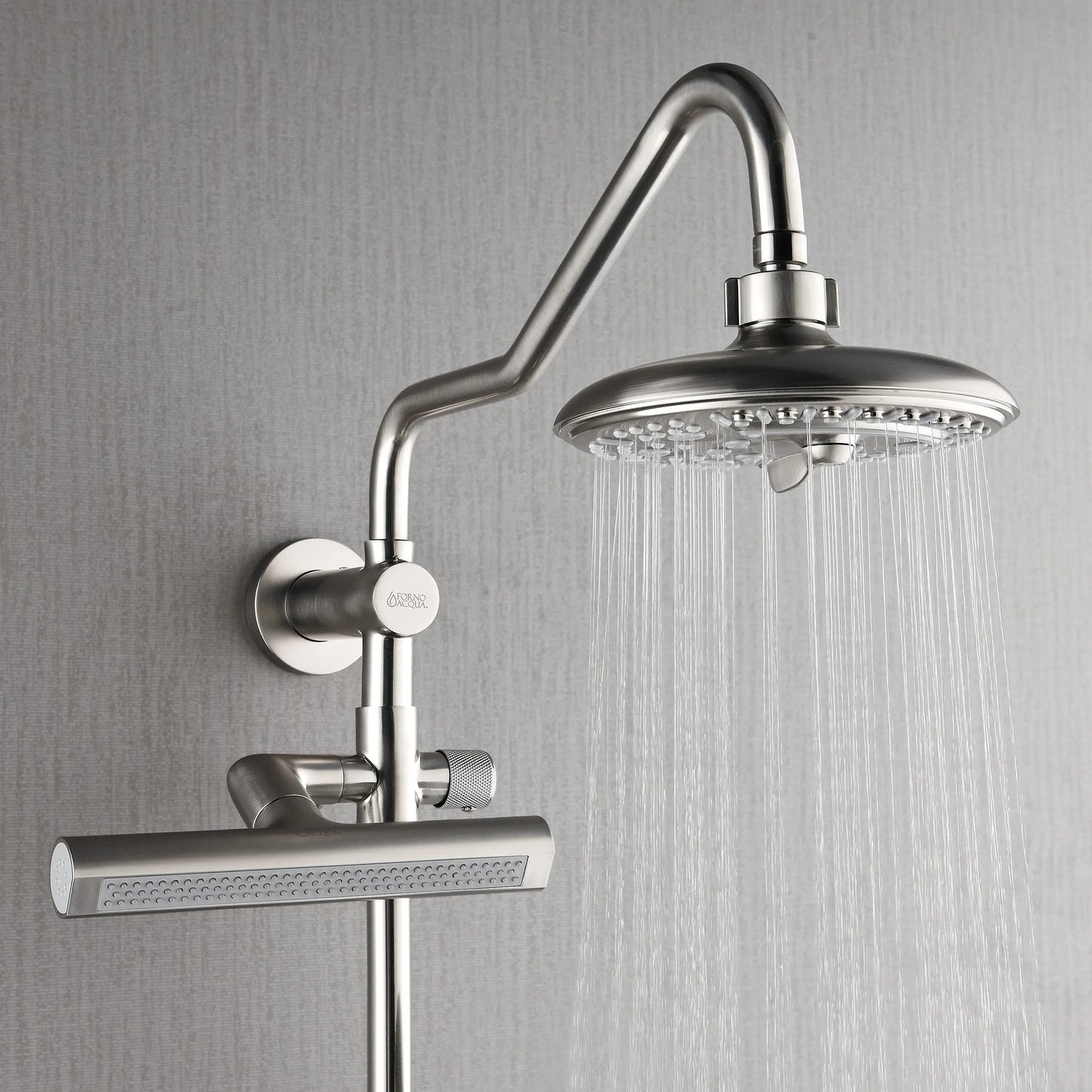 Forno Acqua AcquaFALL Shower, Brushed Nickel Finish, Overhead Rainfall Shower, 7 Way Diverter, Handheld Shower Head, Body Jets, 1.8 GPM Flow Rate FORNO ACQUA