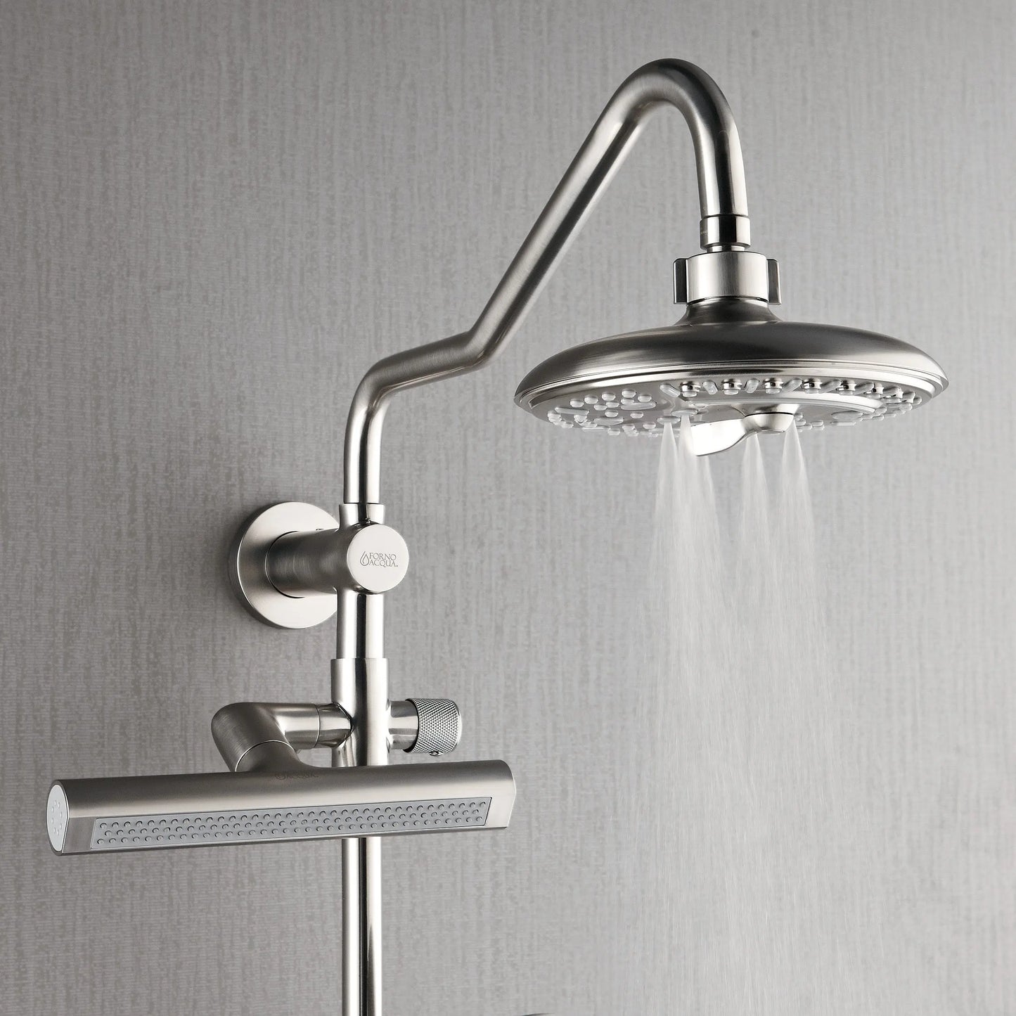 Forno Acqua AcquaFALL Shower, Brushed Nickel Finish, Overhead Rainfall Shower, 7 Way Diverter, Handheld Shower Head, Body Jets, 1.8 GPM Flow Rate FORNO ACQUA