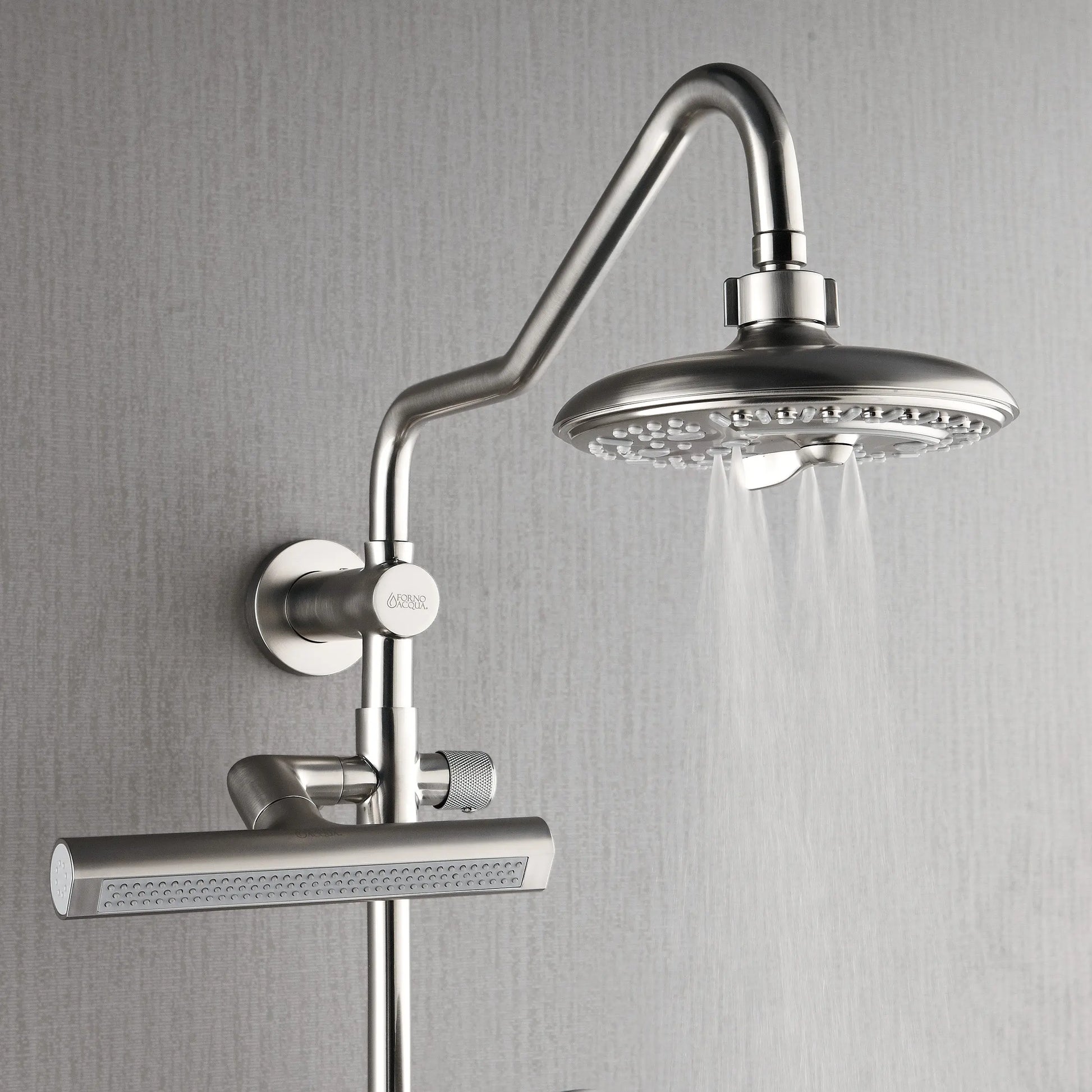 Forno Acqua AcquaFALL Shower, Brushed Nickel Finish, Overhead Rainfall Shower, 7 Way Diverter, Handheld Shower Head, Body Jets, 1.8 GPM Flow Rate FORNO ACQUA