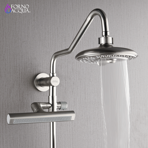 Forno Acqua AcquaFALL Shower, Brushed Nickel Finish, Overhead Rainfall Shower, 7 Way Diverter, Handheld Shower Head, Body Jets, 1.8 GPM Flow Rate FORNO