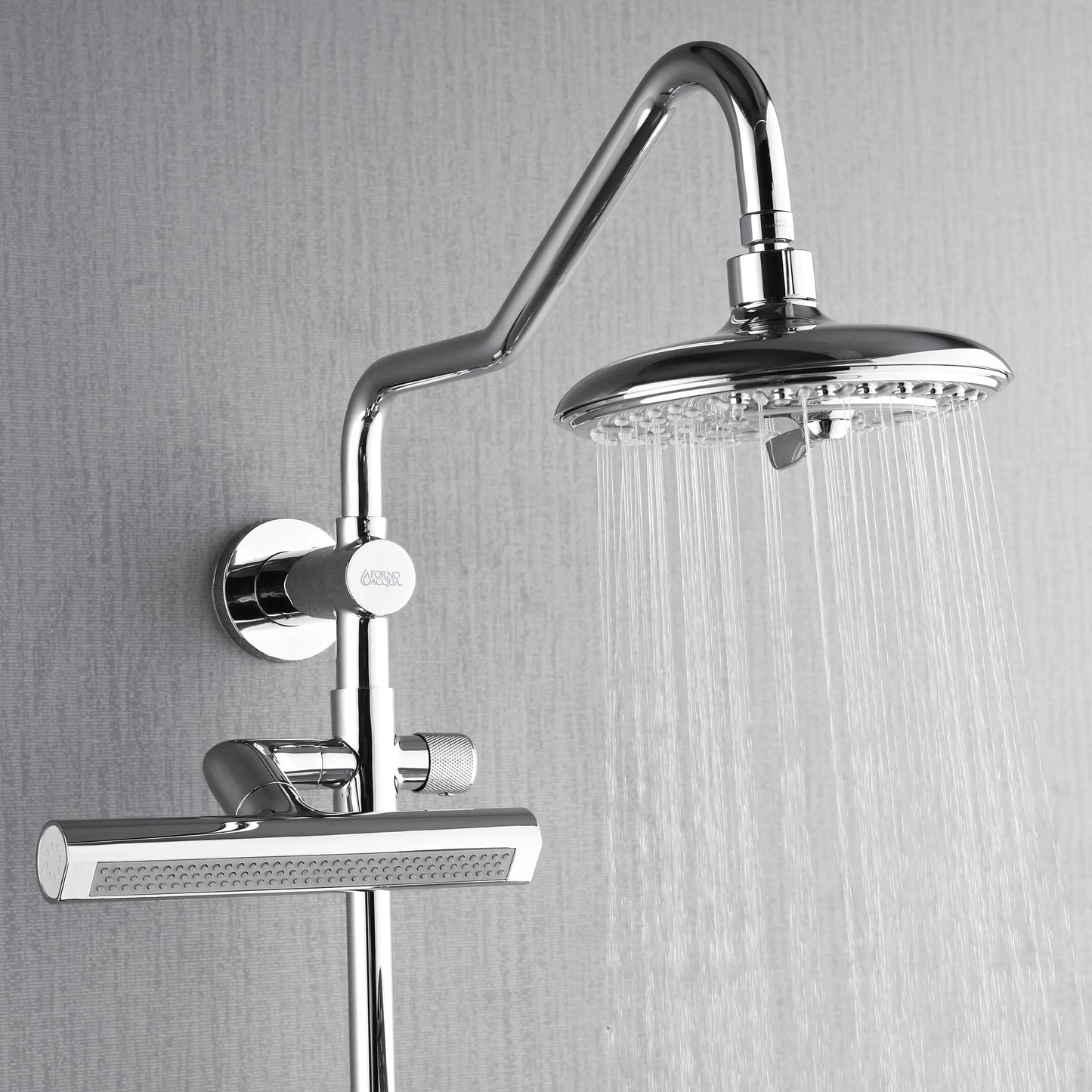 Forno Acqua AcquaFALL Shower, Polished Stainless Steel Finish, Overhead Rainfall Shower, 7 Way Diverter, Handheld Shower Head, Body Jets, FORNO ACQUA