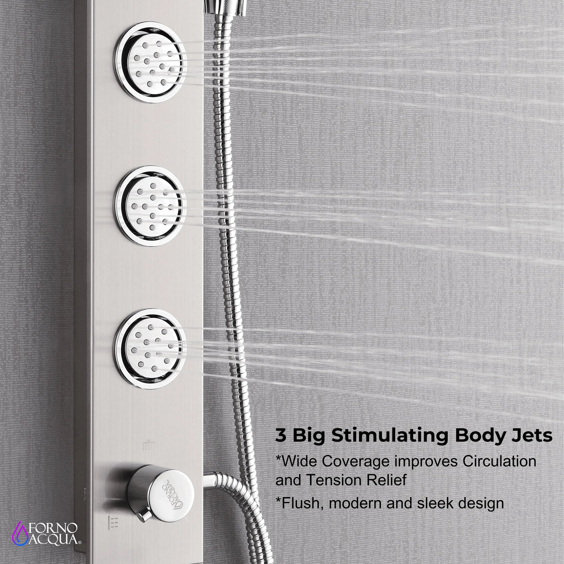 Forno Acqua AcquaSPA Shower Panel in Stainless Steel, Overhead Rainfall Shower, Handheld Shower Head, Body Jets, 1.8 GPM Flow Rate FORNO ACQUA