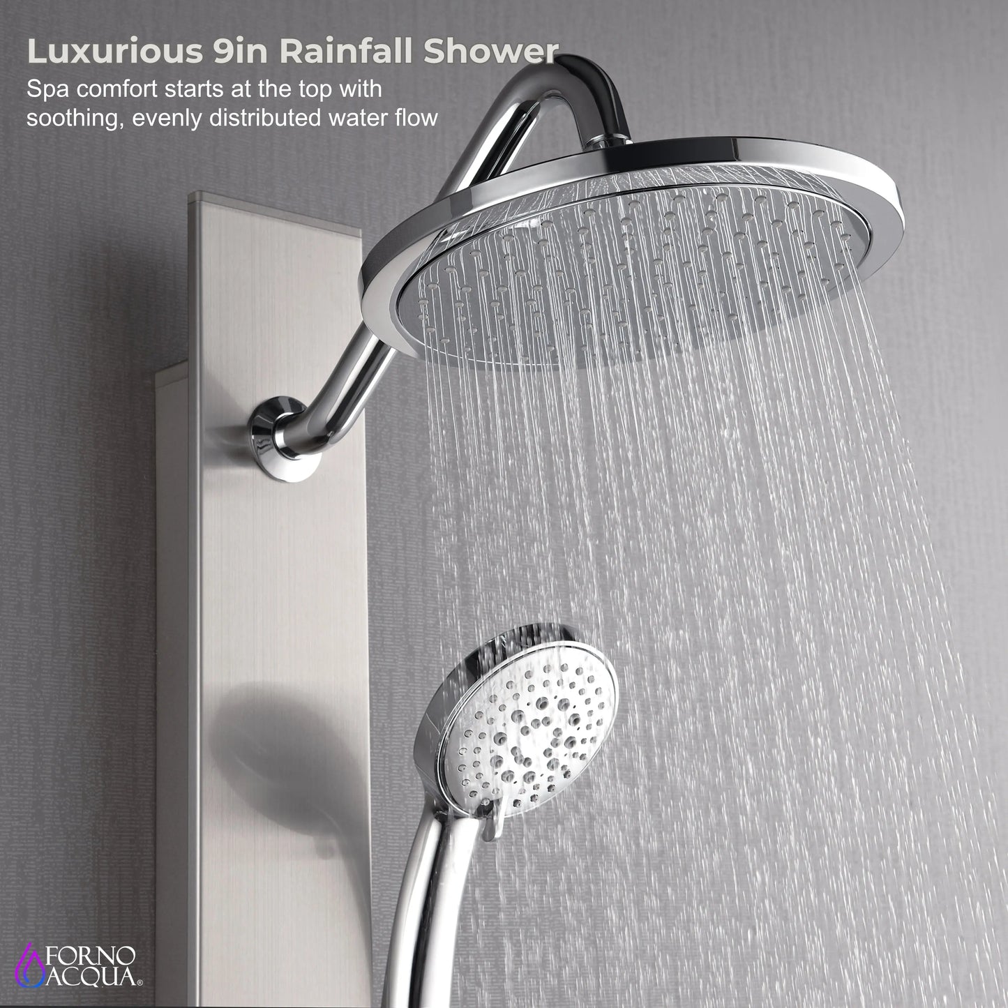 Forno Acqua AcquaSPA Shower Panel in Stainless Steel, Overhead Rainfall Shower, Handheld Shower Head, Body Jets, 1.8 GPM Flow Rate FORNO ACQUA