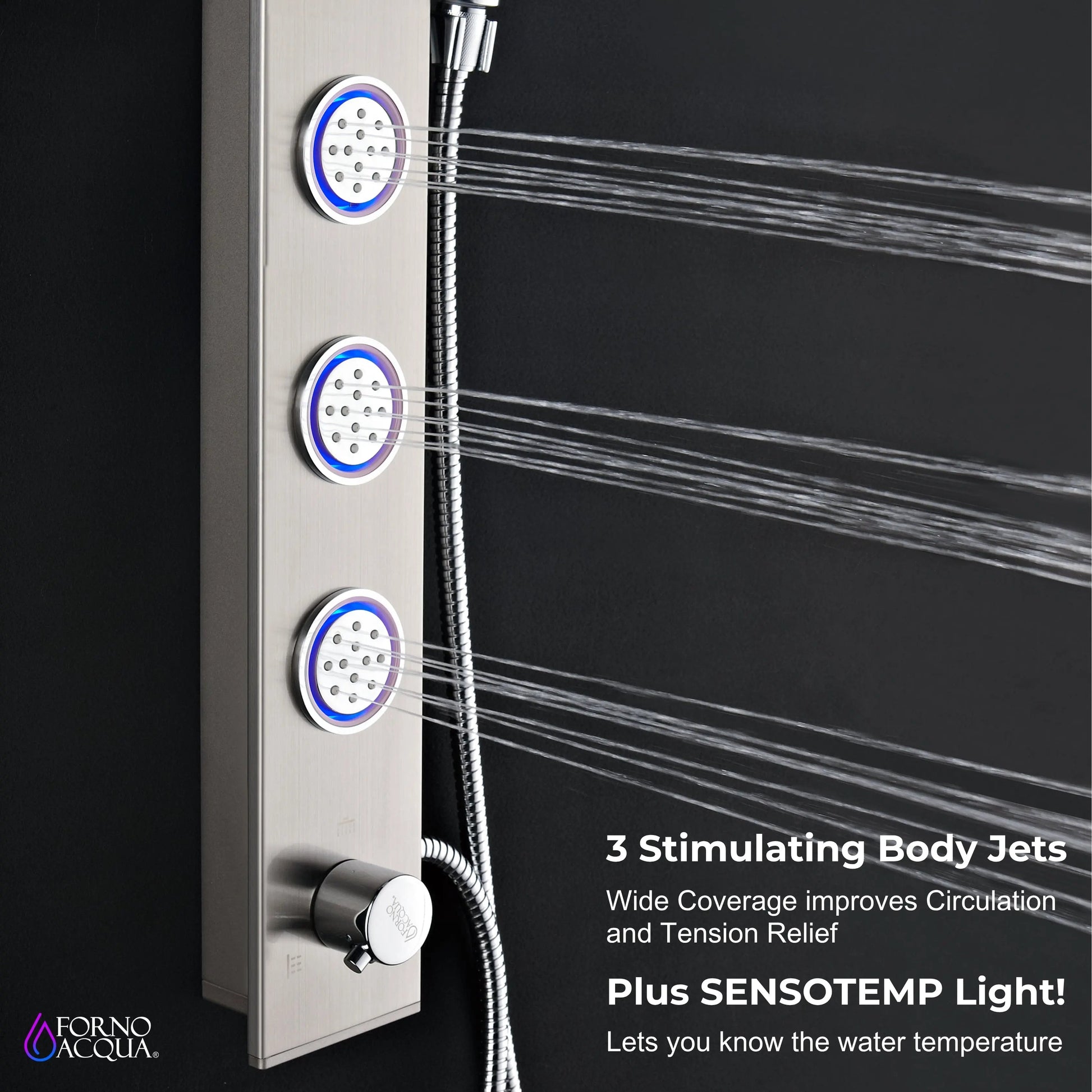 Forno Acqua AcquaSPA Shower Panel with SensoTemp, Stainless Steel, Overhead Rainfall Shower, Handheld Shower Head, Body Jets, 1.8 GPM Flow Rate FORNO ACQUA