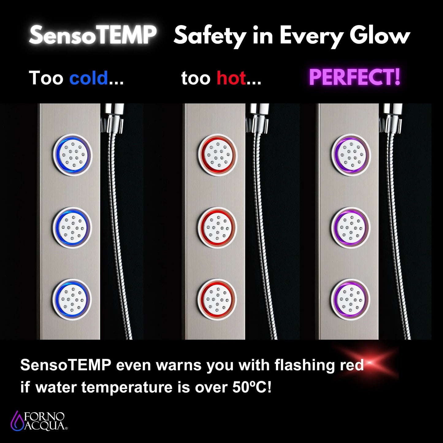 Forno Acqua AcquaSPA Shower Panel with SensoTemp, Stainless Steel, Overhead Rainfall Shower, Handheld Shower Head, Body Jets, 1.8 GPM Flow Rate FORNO ACQUA