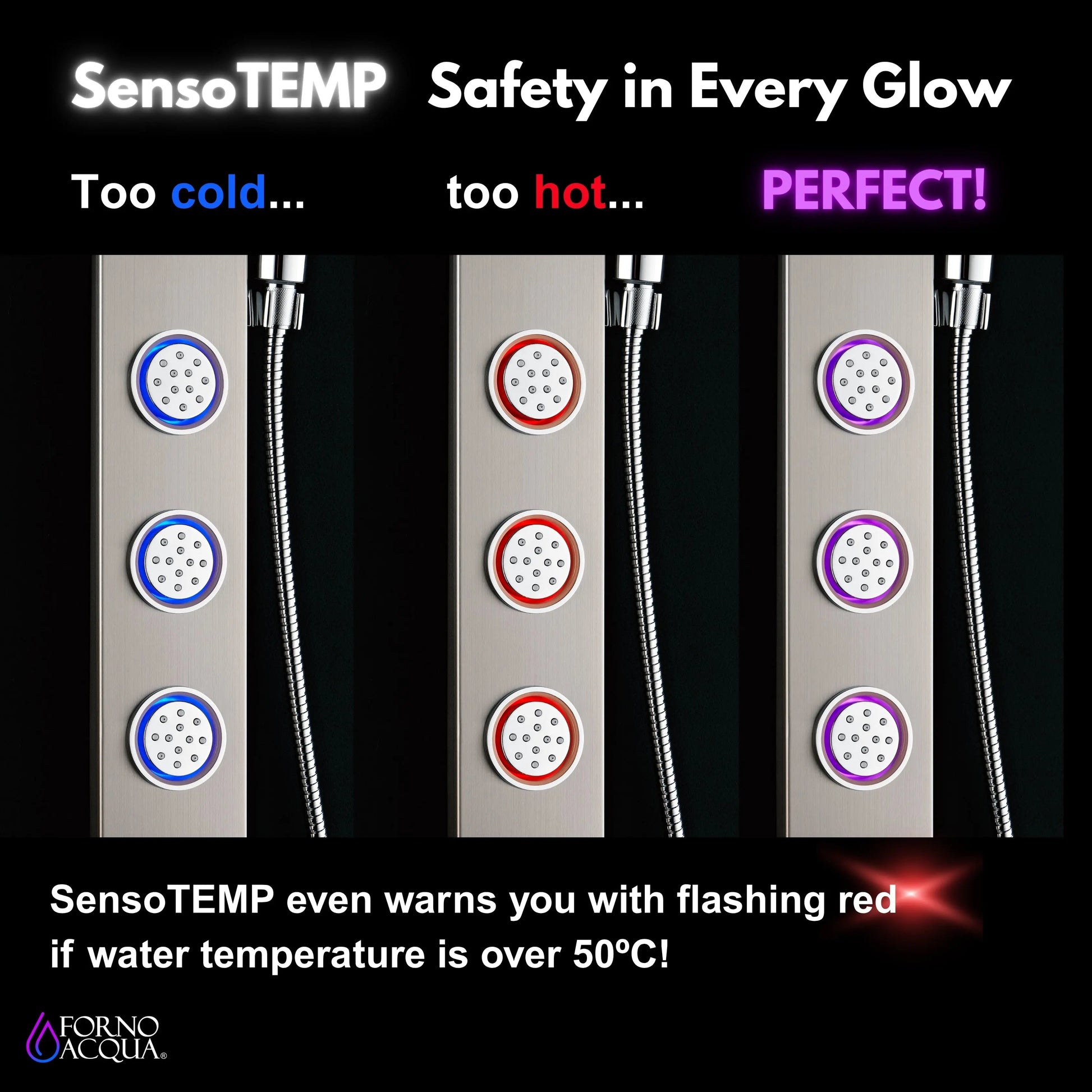 Forno Acqua AcquaSPA Shower Panel with SensoTemp, Stainless Steel, Overhead Rainfall Shower, Handheld Shower Head, Body Jets, 1.8 GPM Flow Rate FORNO ACQUA