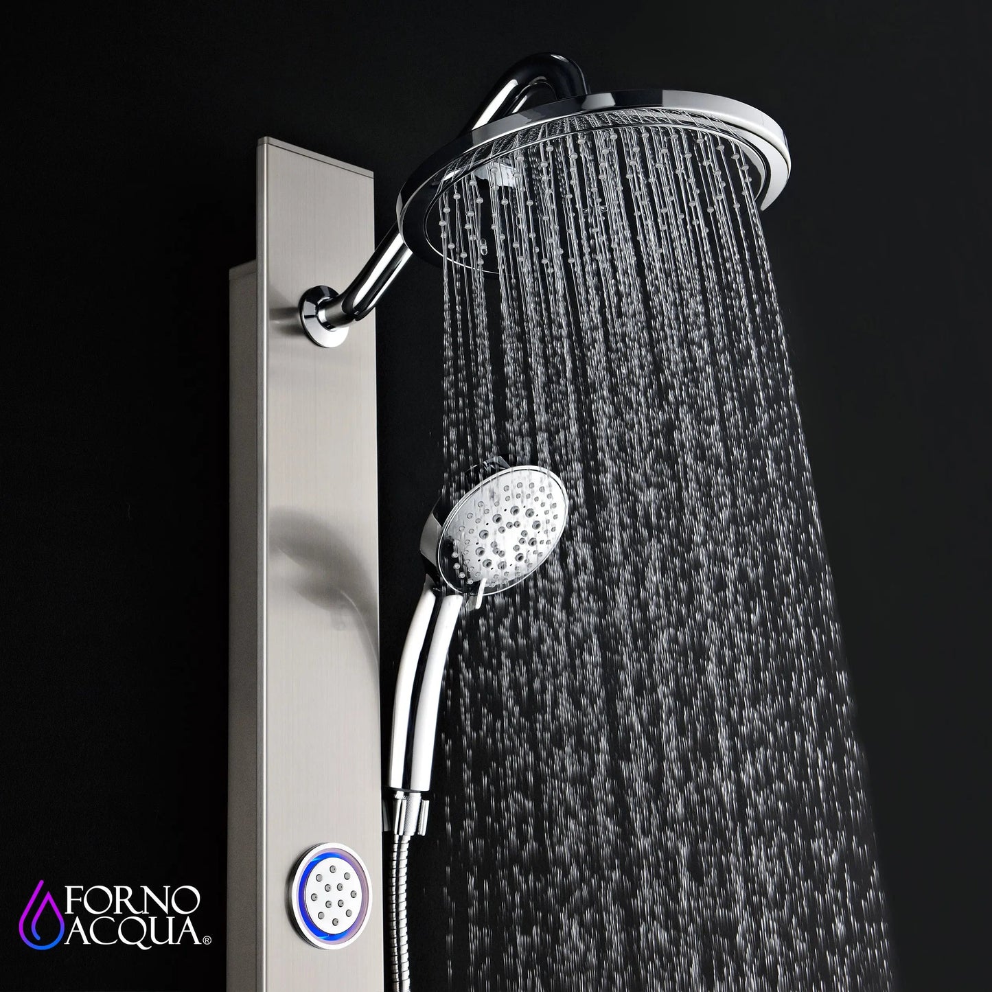 Forno Acqua AcquaSPA Shower Panel with SensoTemp, Stainless Steel, Overhead Rainfall Shower, Handheld Shower Head, Body Jets, 1.8 GPM Flow Rate FORNO ACQUA