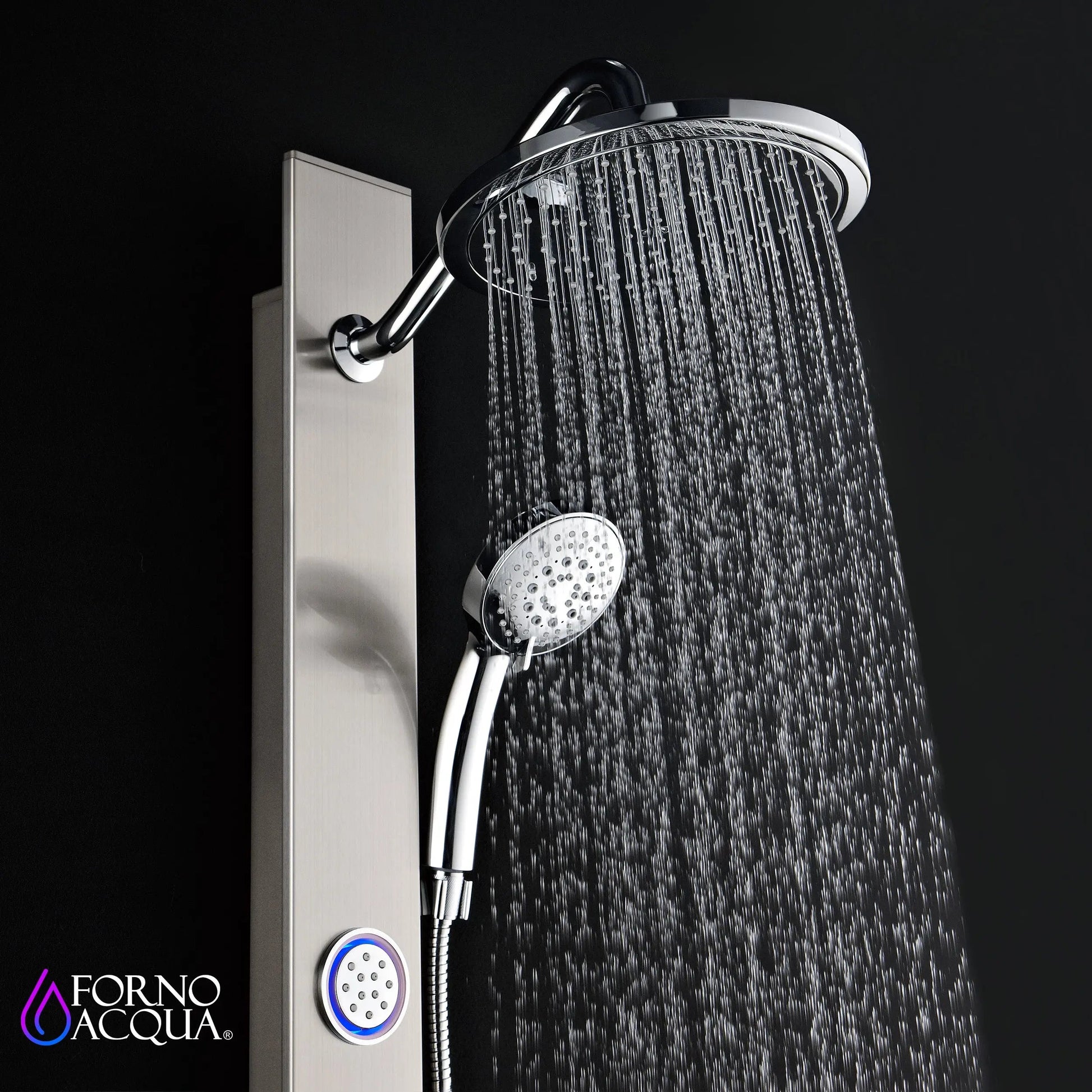 Forno Acqua AcquaSPA Shower Panel with SensoTemp, Stainless Steel, Overhead Rainfall Shower, Handheld Shower Head, Body Jets, 1.8 GPM Flow Rate FORNO ACQUA