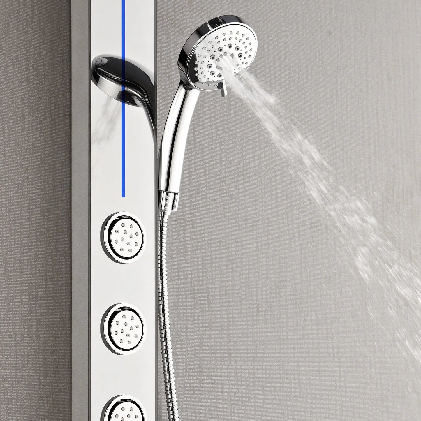 Forno Acqua AcquaSPA Shower Panel with SensoTEMP, Mirrored Stainless Steel Finish, Overhead Rainfall Shower, Handheld Shower Head, Body Jets, FORNO ACQUA