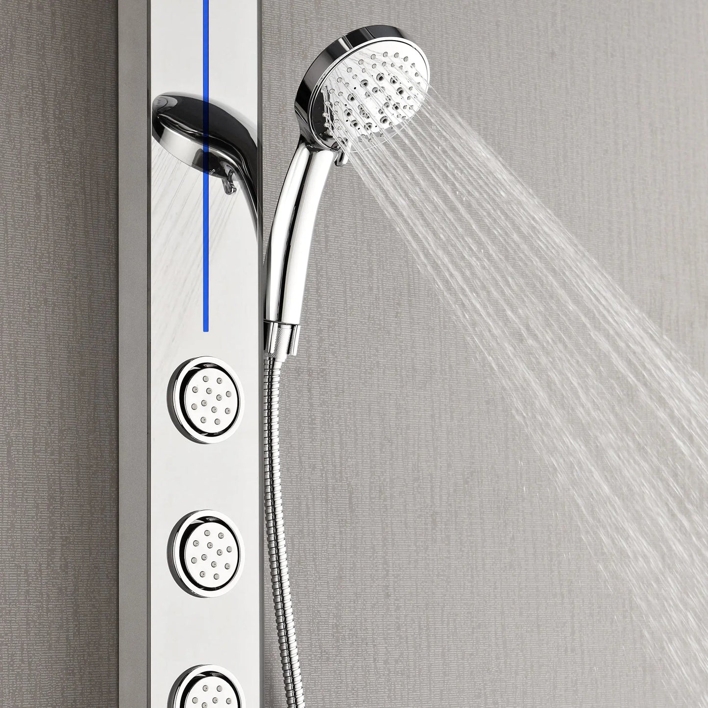 Forno Acqua AcquaSPA Shower Panel with SensoTEMP, Mirrored Stainless Steel Finish, Overhead Rainfall Shower, Handheld Shower Head, Body Jets, FORNO ACQUA