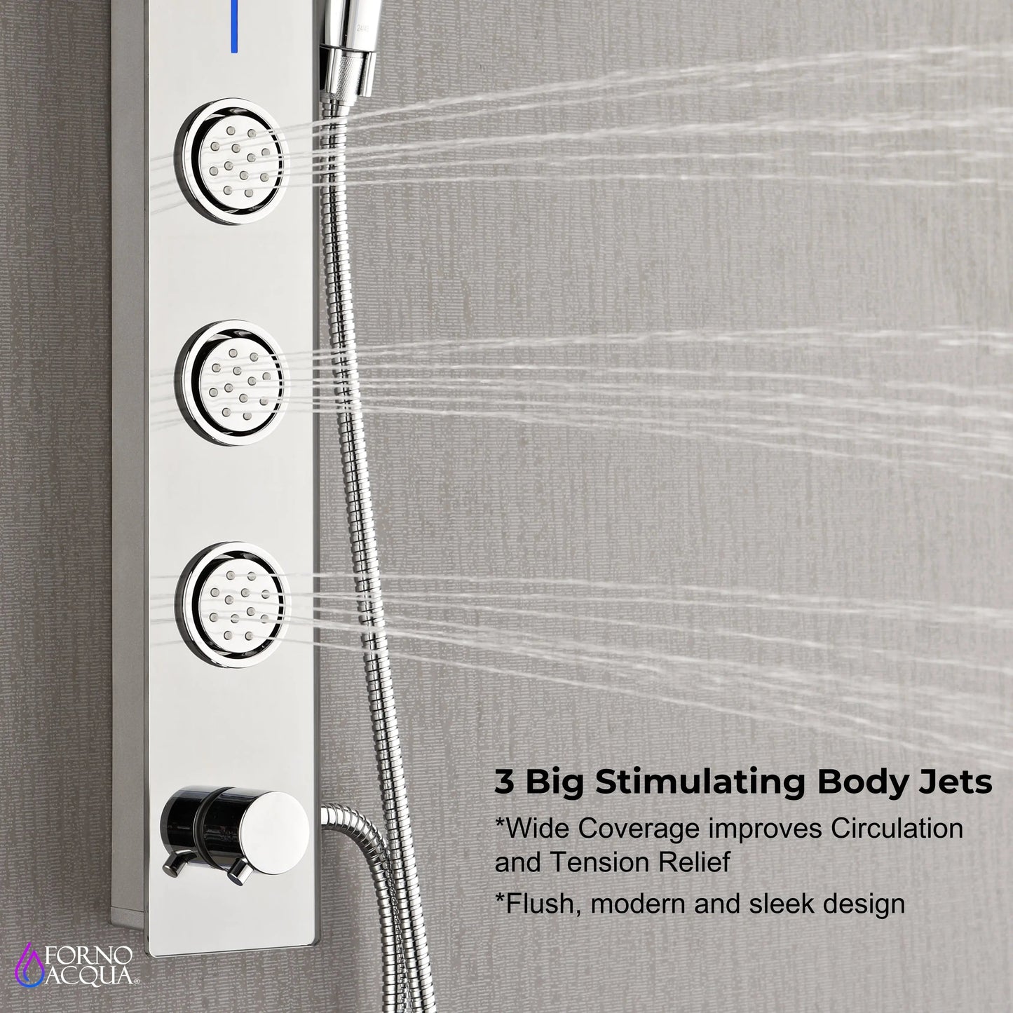 Forno Acqua AcquaSPA Shower Panel with SensoTEMP, Mirrored Stainless Steel Finish, Overhead Rainfall Shower, Handheld Shower Head, Body Jets, FORNO ACQUA