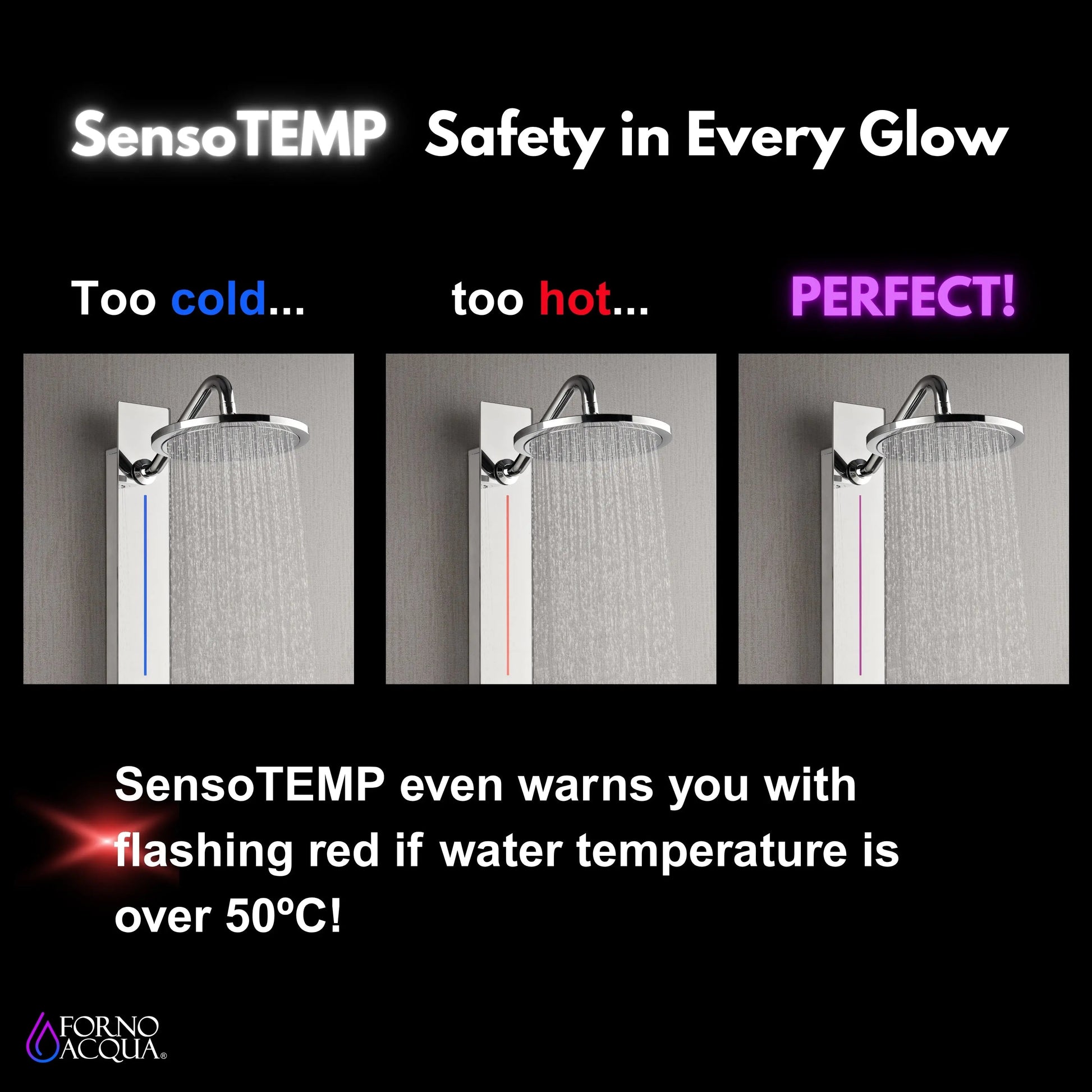Forno Acqua AcquaSPA Shower Panel with SensoTEMP, Mirrored Stainless Steel Finish, Overhead Rainfall Shower, Handheld Shower Head, Body Jets, FORNO ACQUA