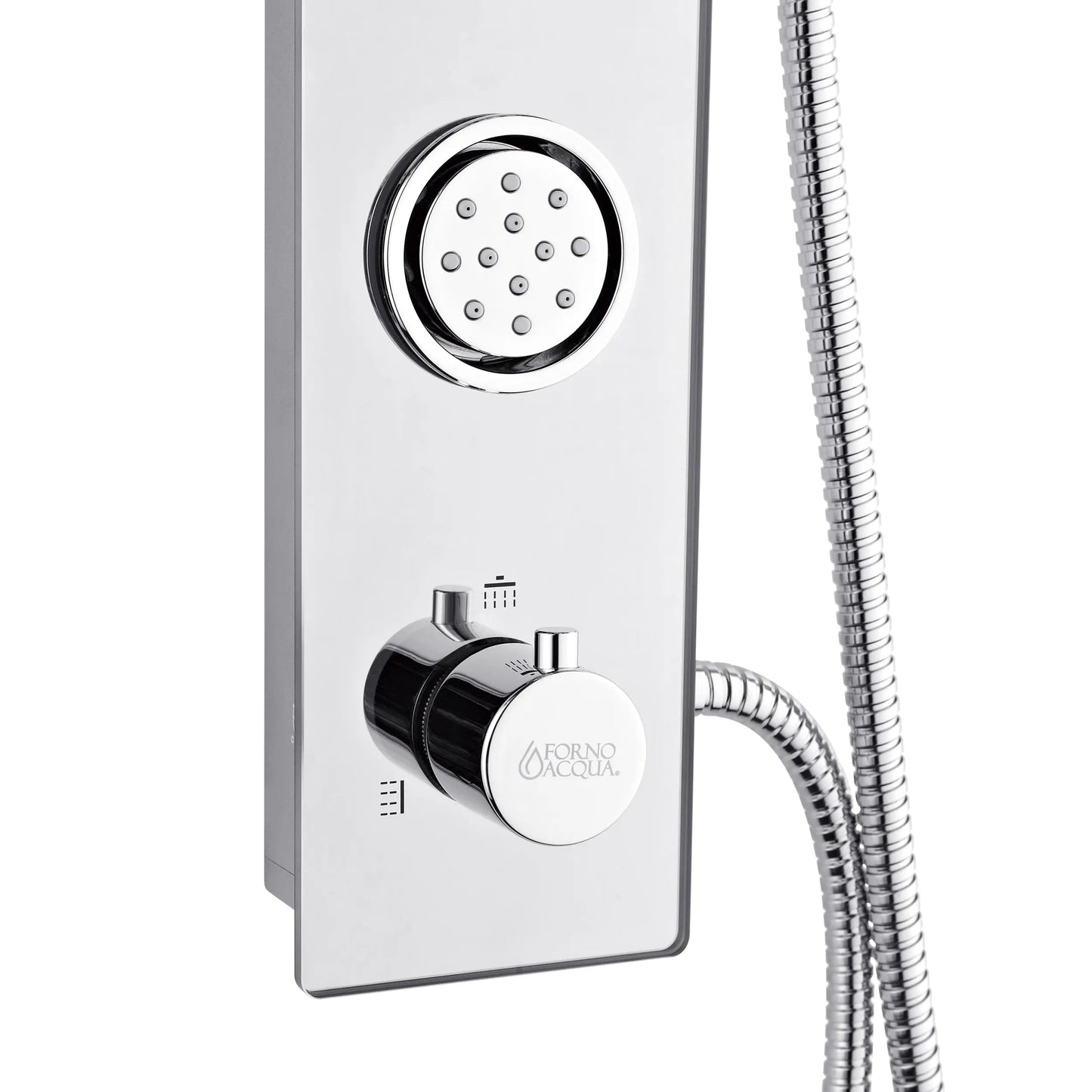 Forno Acqua AcquaSPA Shower Panel with SensoTEMP, Mirrored Stainless Steel Finish, Overhead Rainfall Shower, Handheld Shower Head, Body Jets, FORNO ACQUA