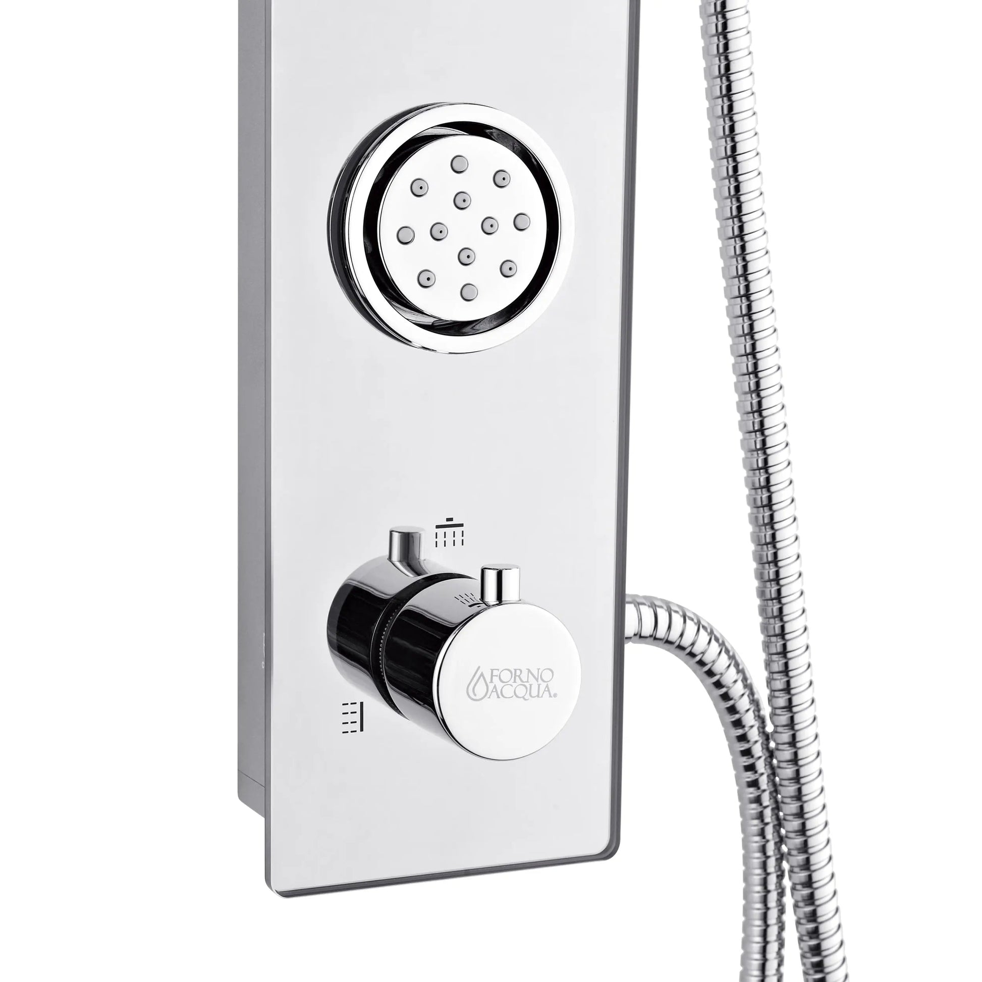 Forno Acqua AcquaSPA Shower Panel with SensoTEMP, Mirrored Stainless Steel Finish, Overhead Rainfall Shower, Handheld Shower Head, Body Jets, FORNO ACQUA