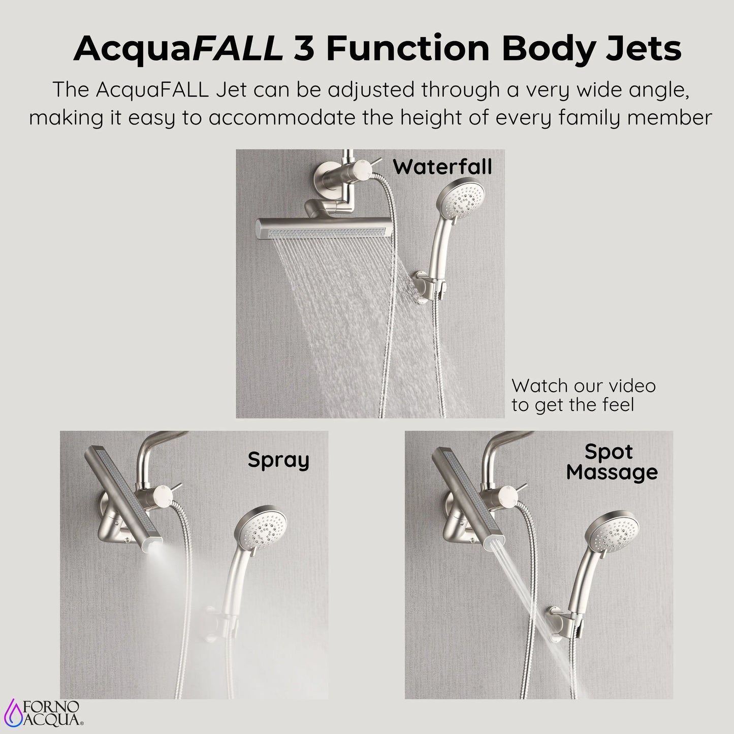 Forno Acqua AcquaFALL Mini Shower Head, Brushed Nickel Finish, Overhead Rainfall Shower, 7 Way Diverter, Handheld Shower Head, Body Jets, FORNO ACQUA
