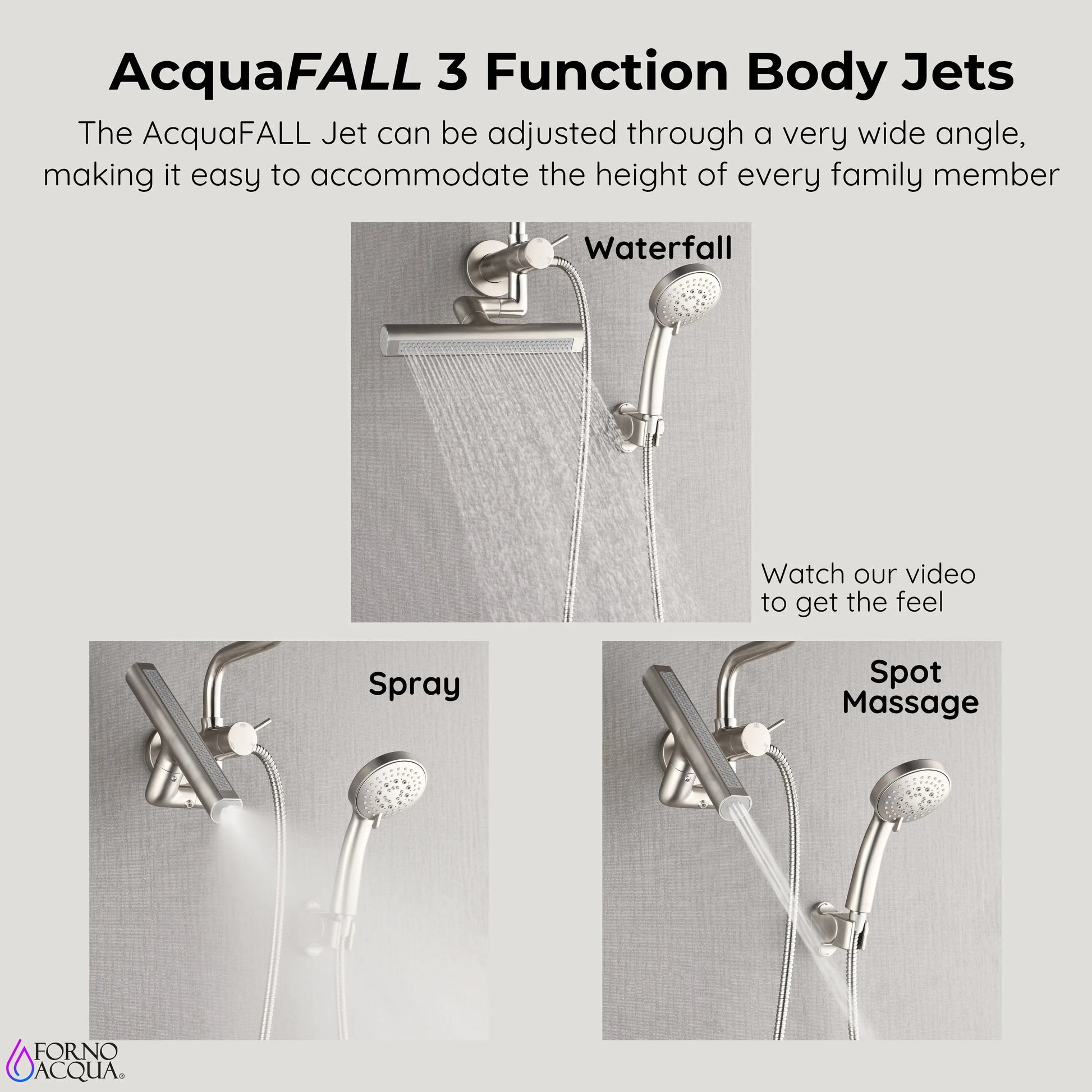 Forno Acqua AcquaFALL Mini Shower Head, Brushed Nickel Finish, Overhead Rainfall Shower, 7 Way Diverter, Handheld Shower Head, Body Jets, FORNO ACQUA